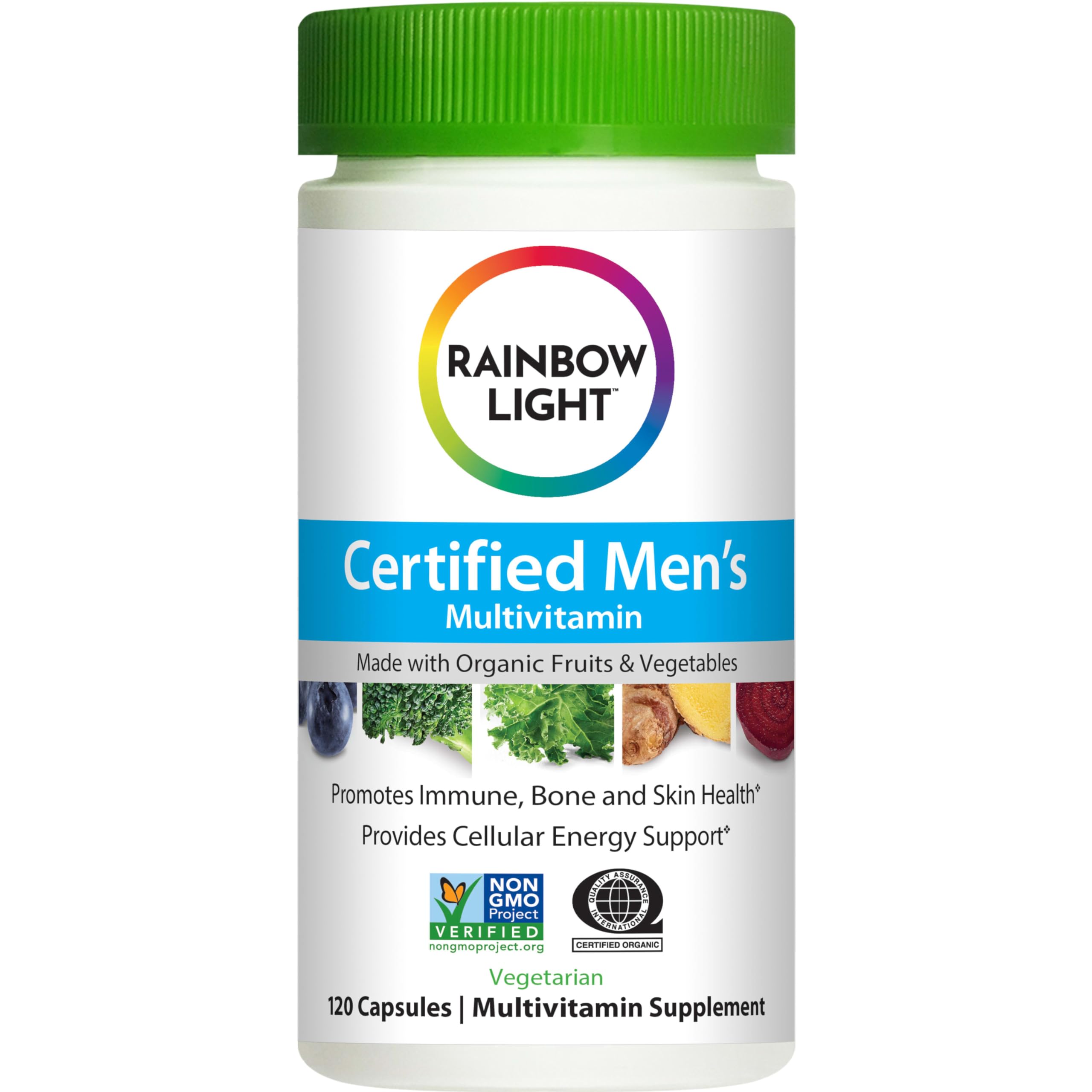Rainbow Light Men's Multivitamin packaging highlighting probiotics, non-GMO and vegetarian formula