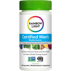 Rainbow Light Men's Multivitamin packaging highlighting probiotics, non-GMO and vegetarian formula