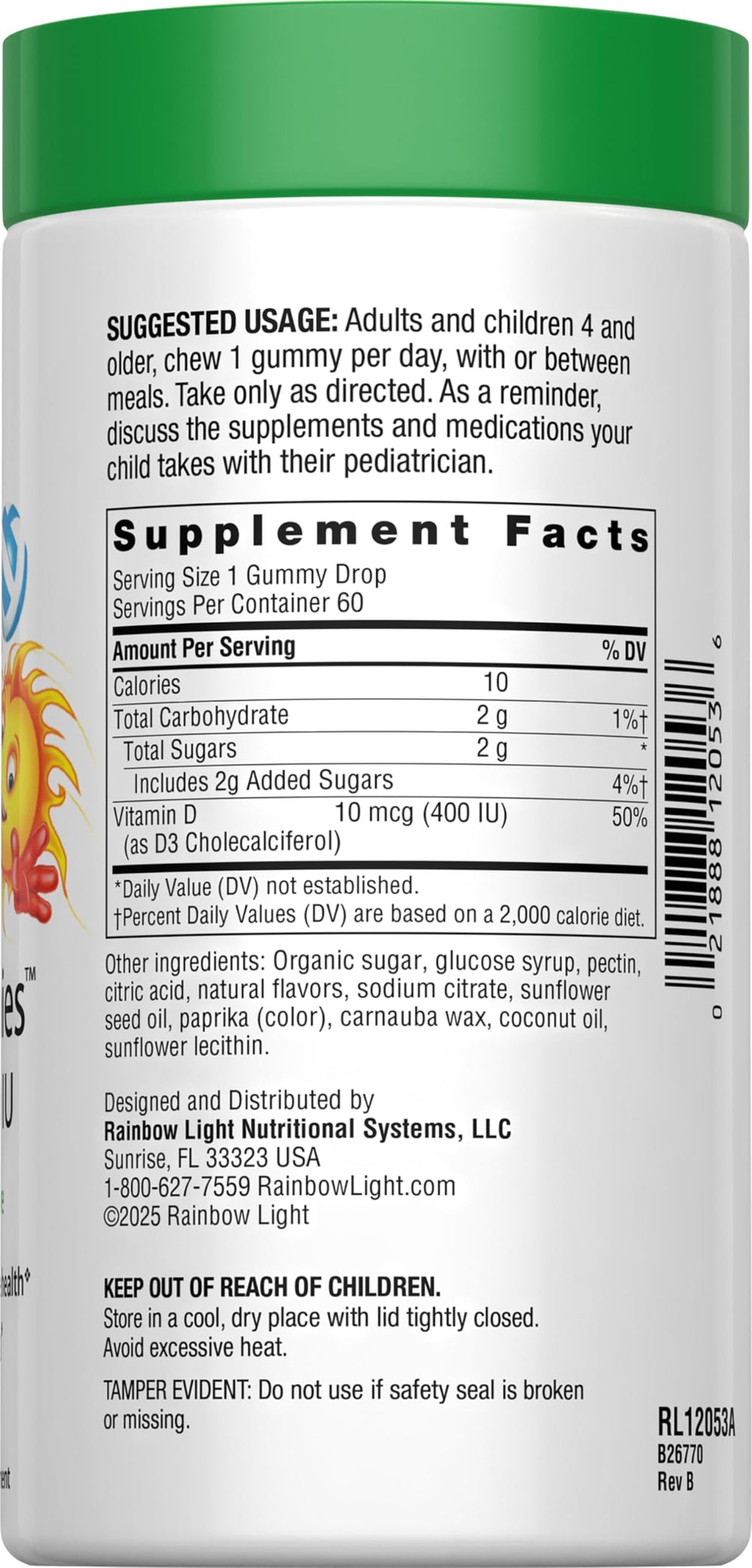 Packaging showing Rainbow Light Sunny Gummies Tangy Tangerine flavor