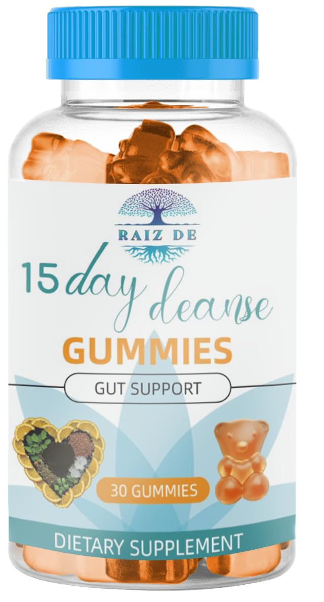 Raiz DE 15-day plan graphic showing two gummies daily for supported regularity.
