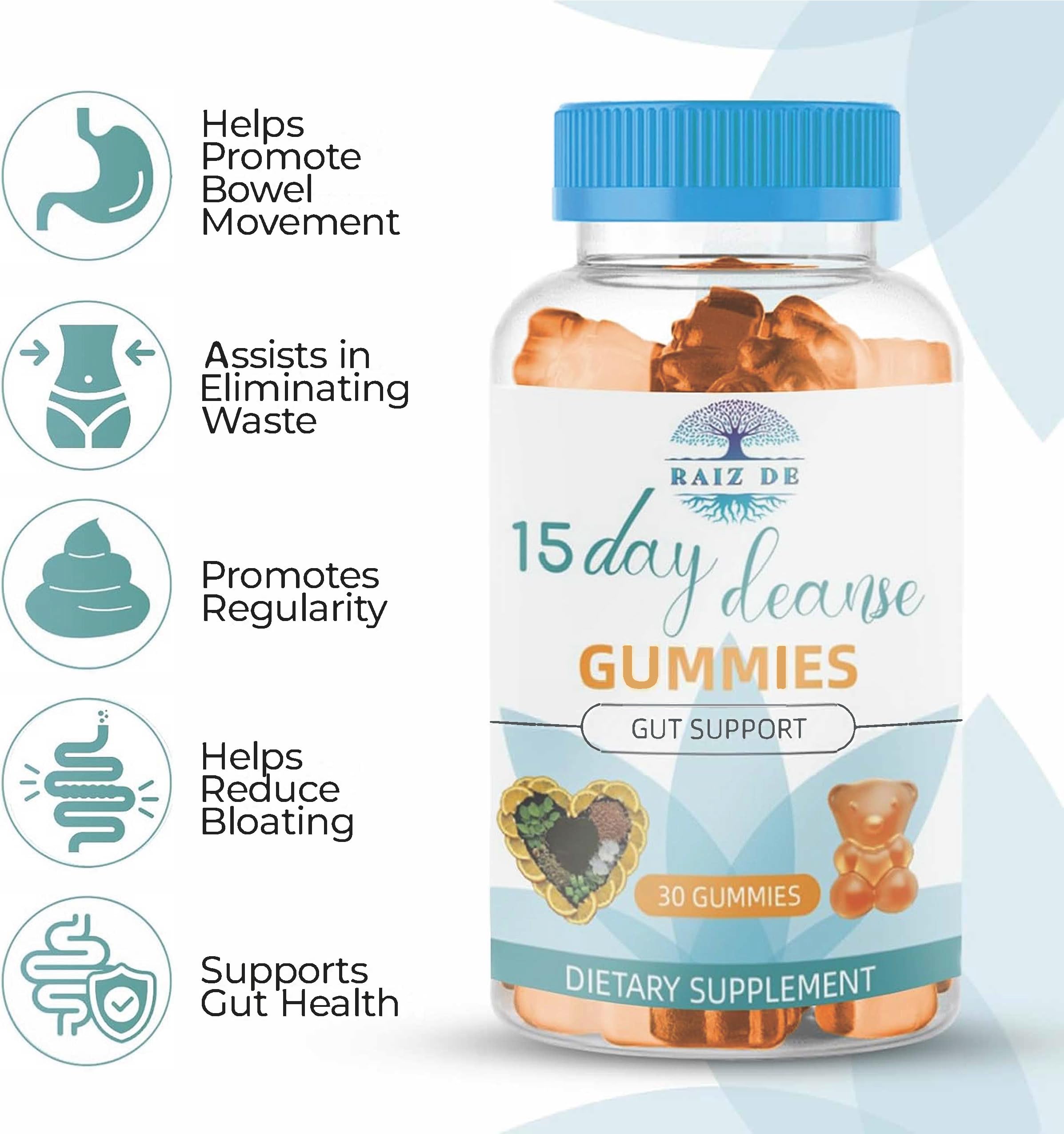 Raiz DE gummies close-up highlights natural orange flavor and pleasant chewability for daily cleansing.