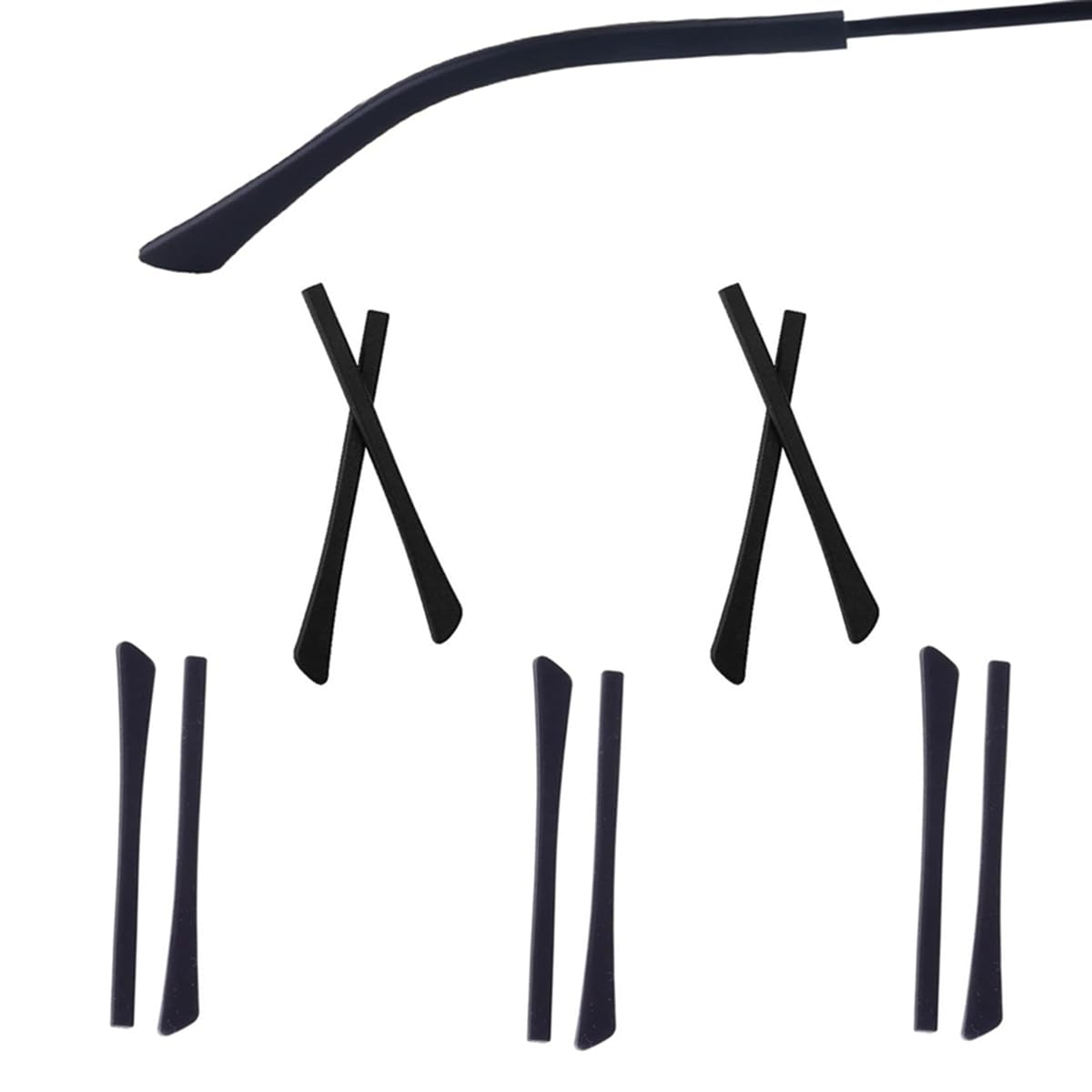 Soft silicone anti-slip temple tips for flat thin metal eyeglass legs in black