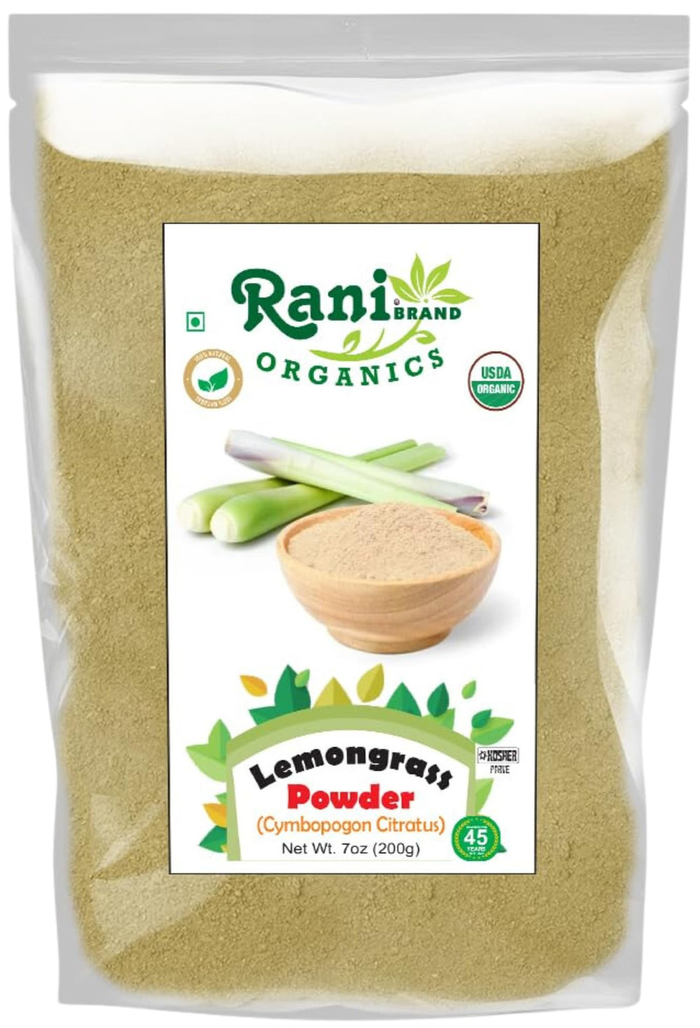 Front view of Rani Organic Lemongrass Powder 7oz bottle