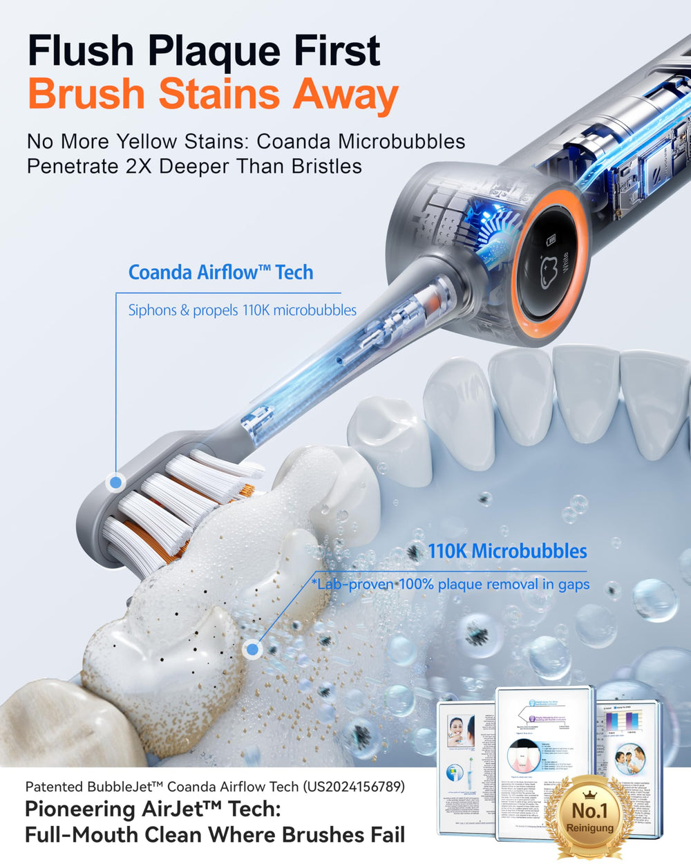 2-in-1 flushing and brushing feature on RANVOO toothbrush