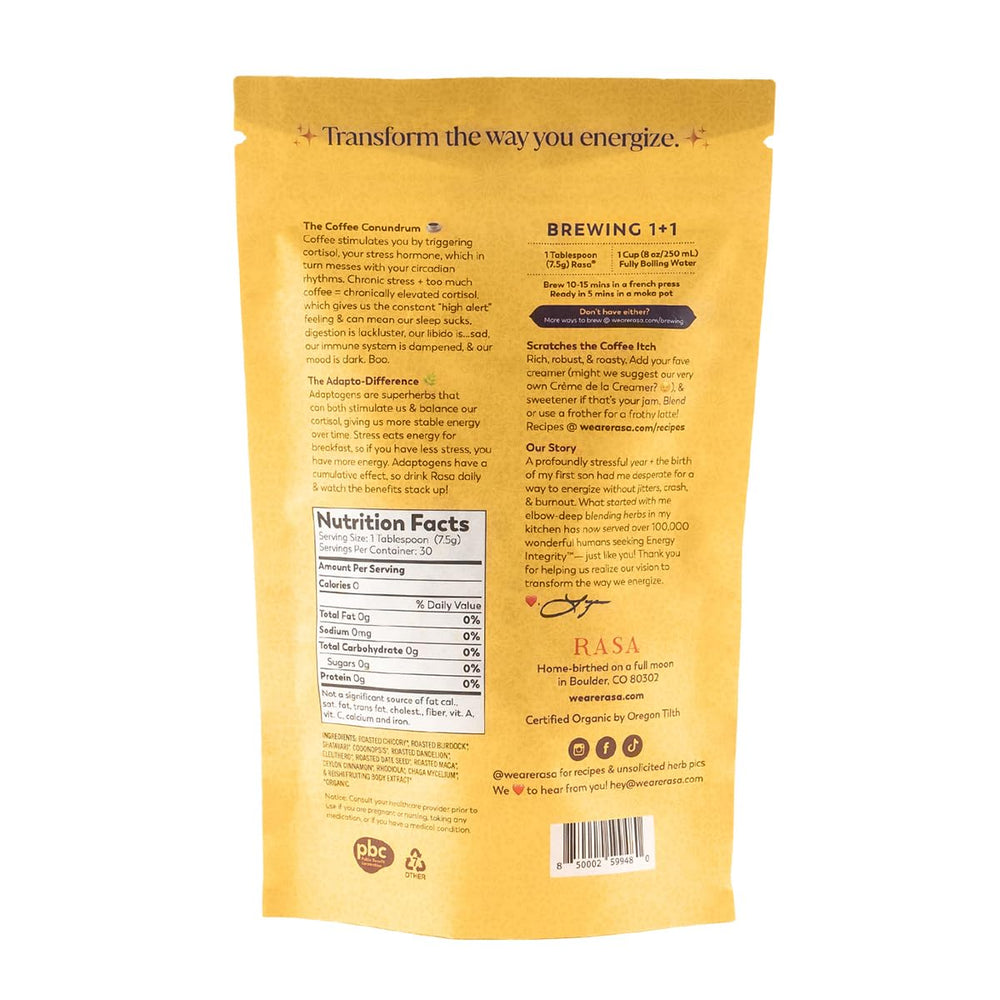 Close-up of ingredients: chaga, reishi, and 12-herb blend in Rasa Original AIP
