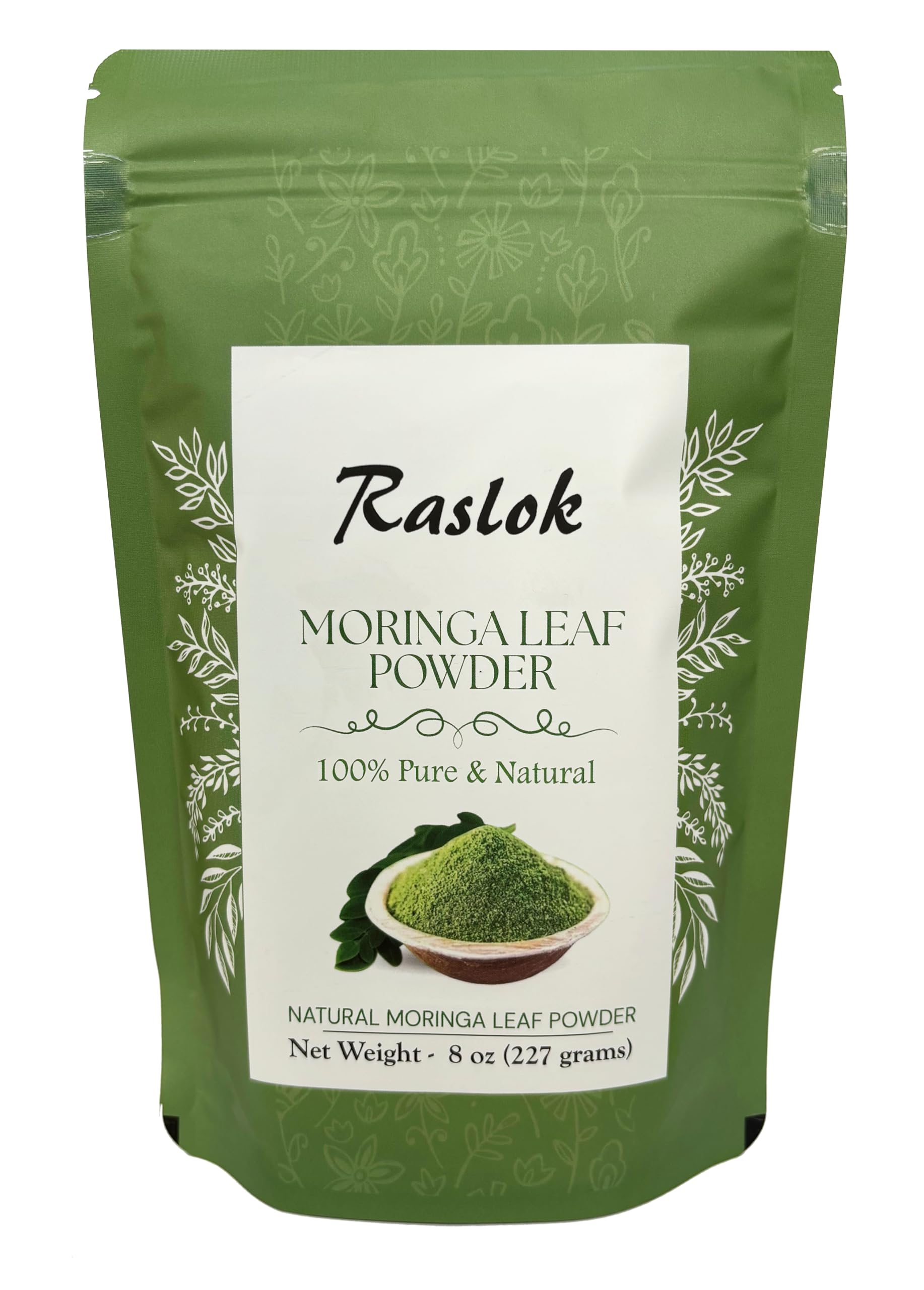 Raslok Moringa Powder bottle and 100% pure Moringa leaf powder close-up