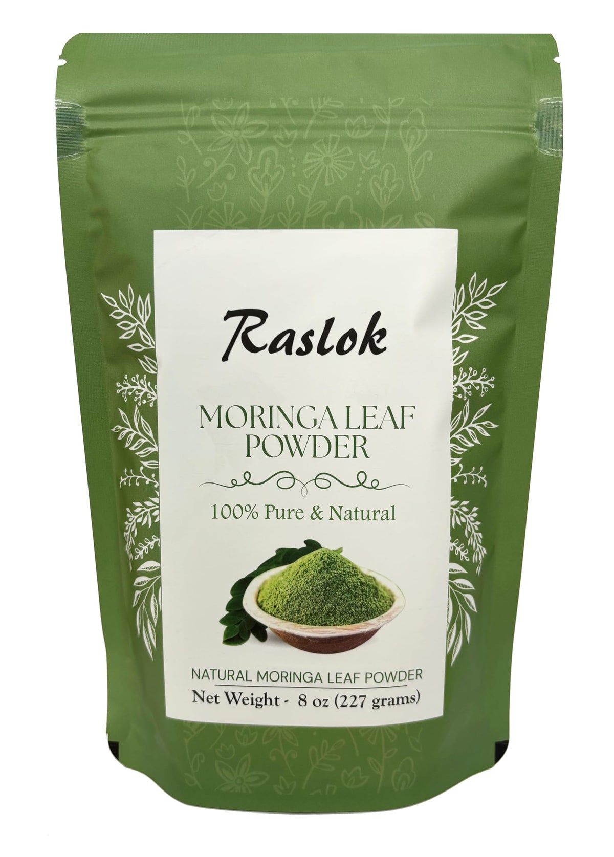 Raslok Moringa Powder bottle and 100% pure Moringa leaf powder close-up