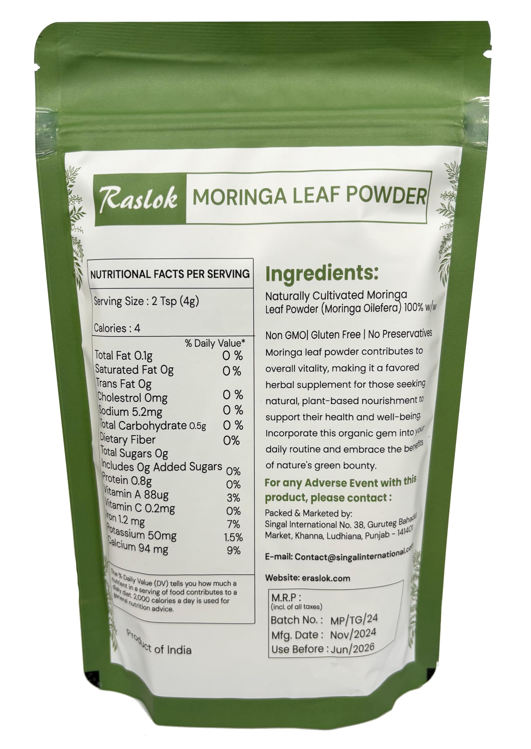 Bowl of Raslok Moringa Powder showing vibrant green color