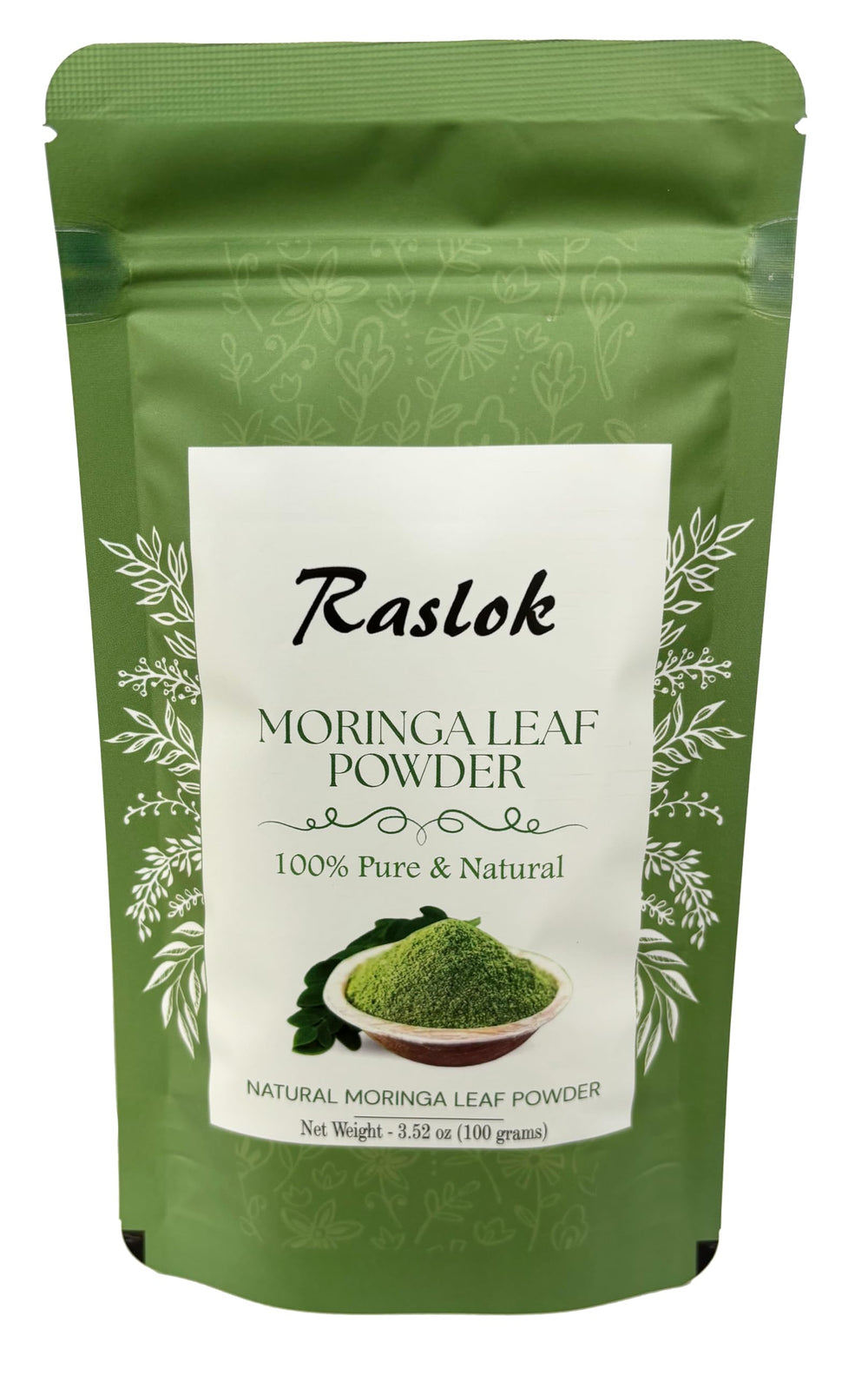 Raslok Moringa Powder bottle showing 100% Pure Moringa Leaf with no stems