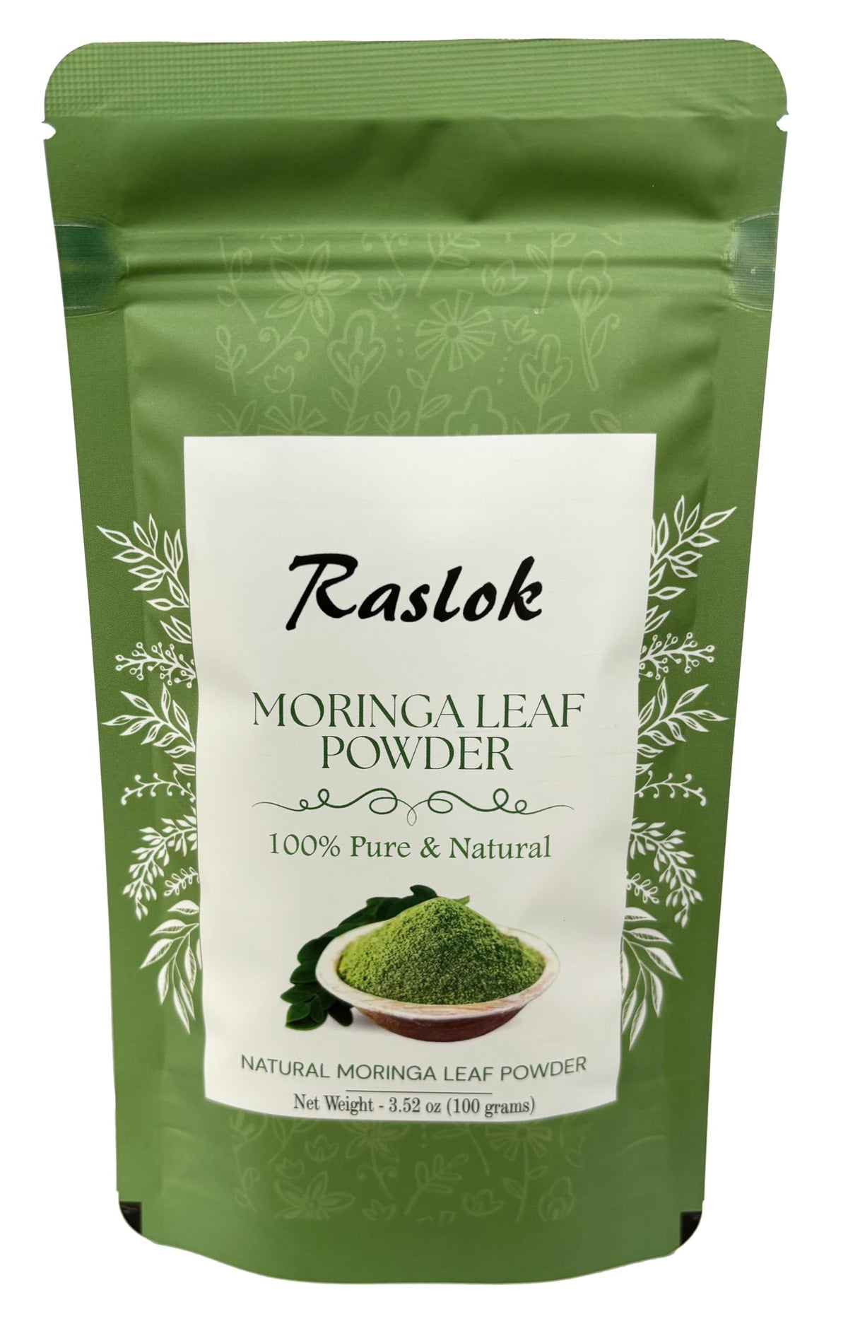 Raslok Moringa Powder bottle showing 100% Pure Moringa Leaf with no stems
