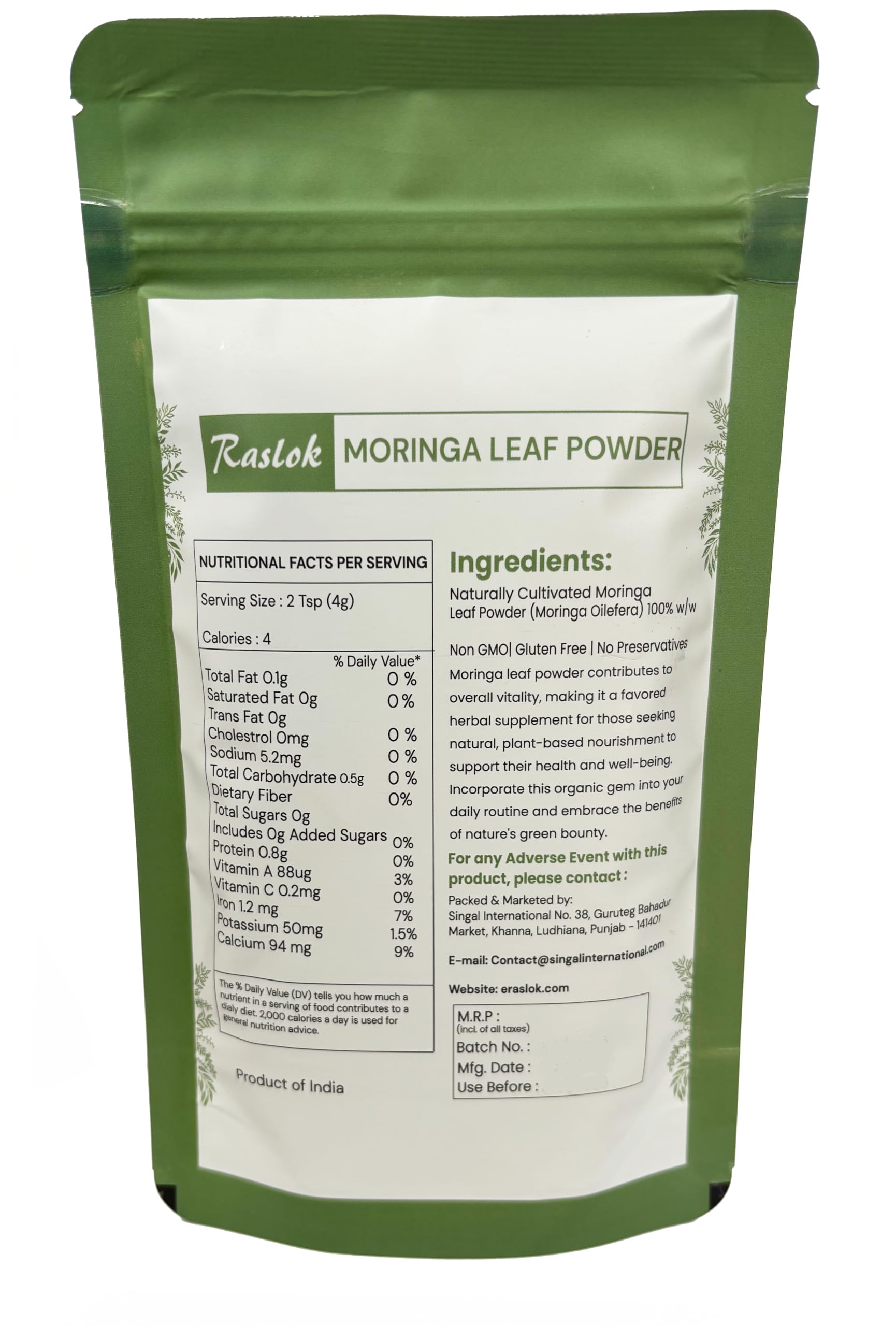 Raslok Moringa Powder 3.52 oz container with vibrant green powder