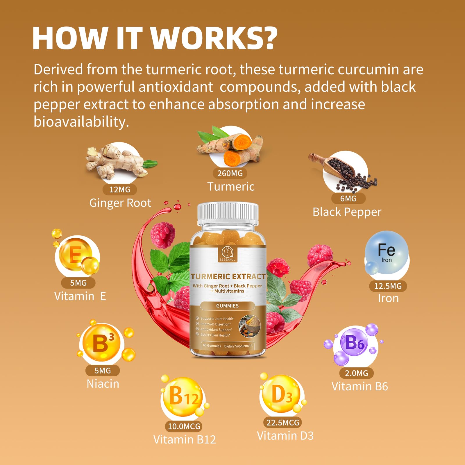 Raspberry flavored turmeric curcumin gummies 120 count