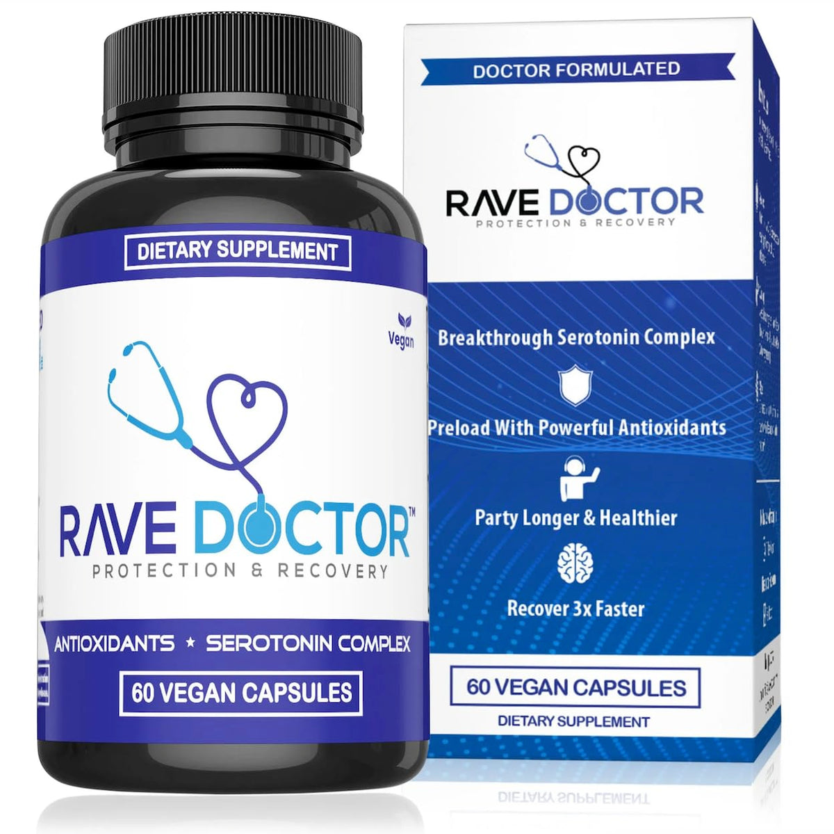Product packaging of Rave Doctor 5-HTP supplement
