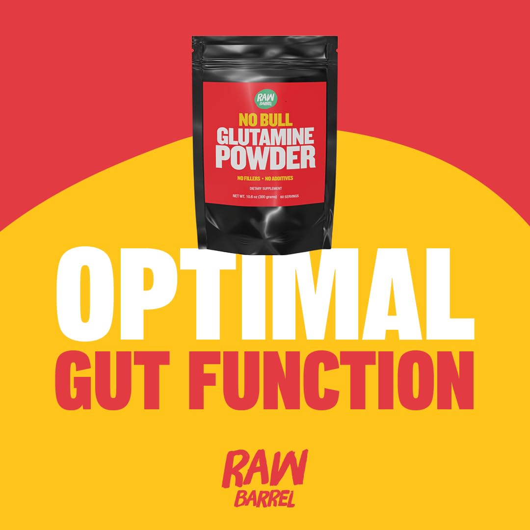 Back label with nutrition facts on Raw Barrel No Bull L-Glutamine Powder