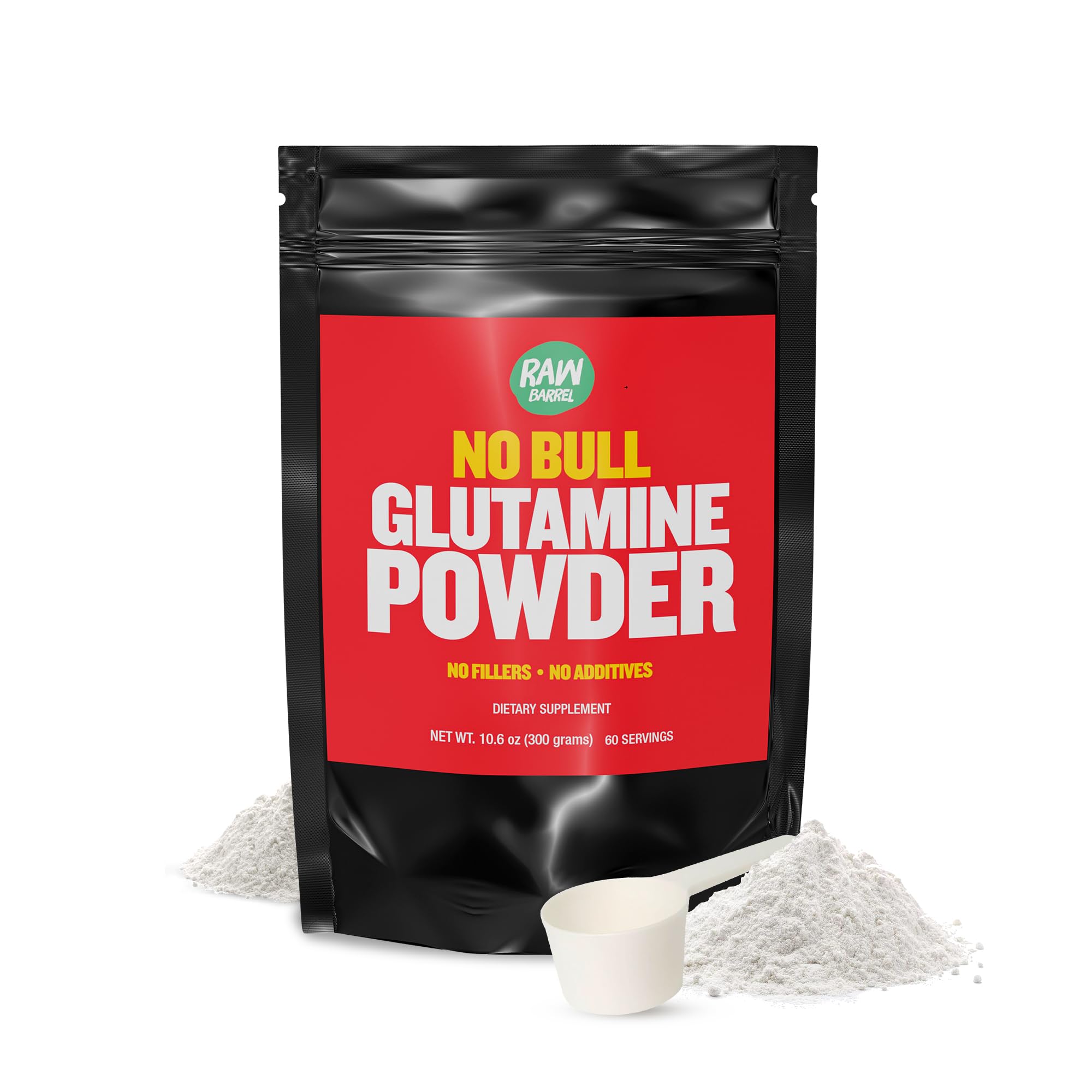 Front view of Raw Barrel No Bull L-Glutamine Powder 300g bottle