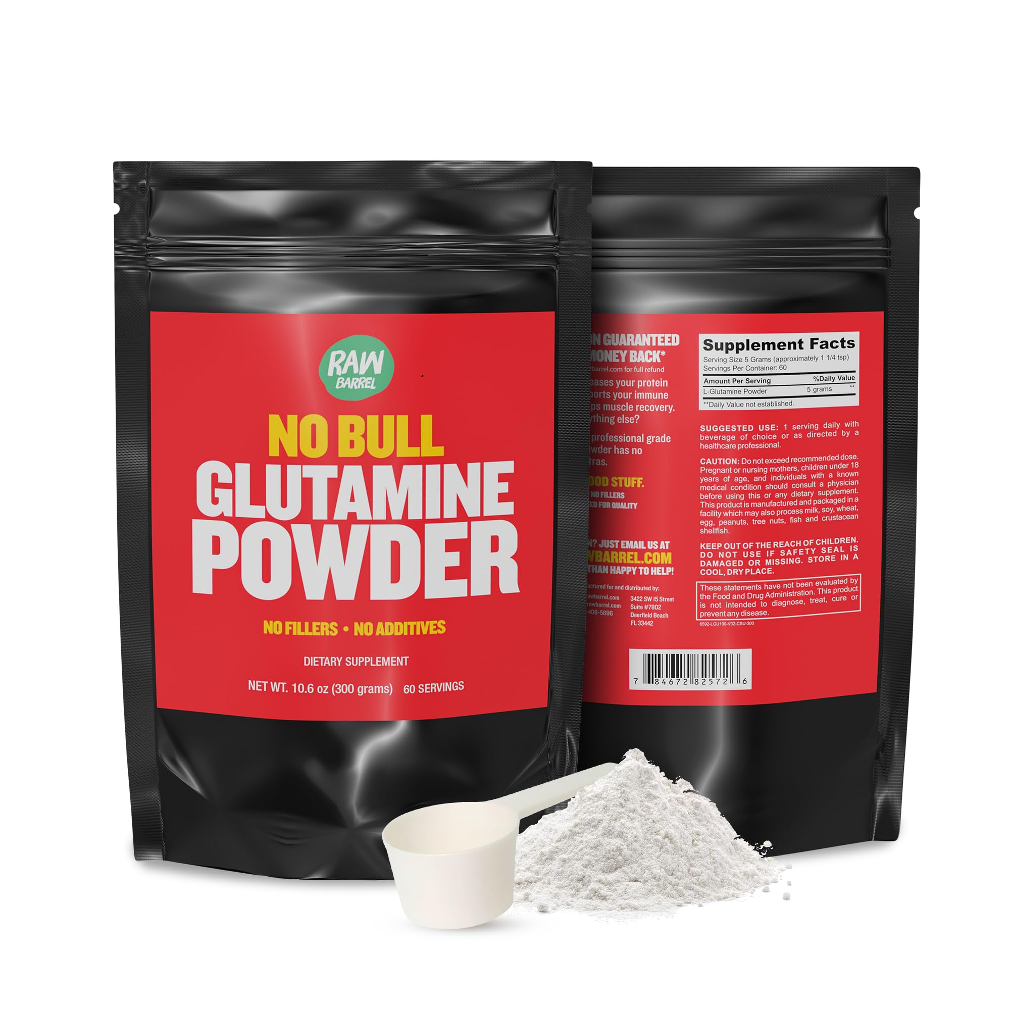 Product packaging showing Raw Barrel No Bull L-Glutamine bottle