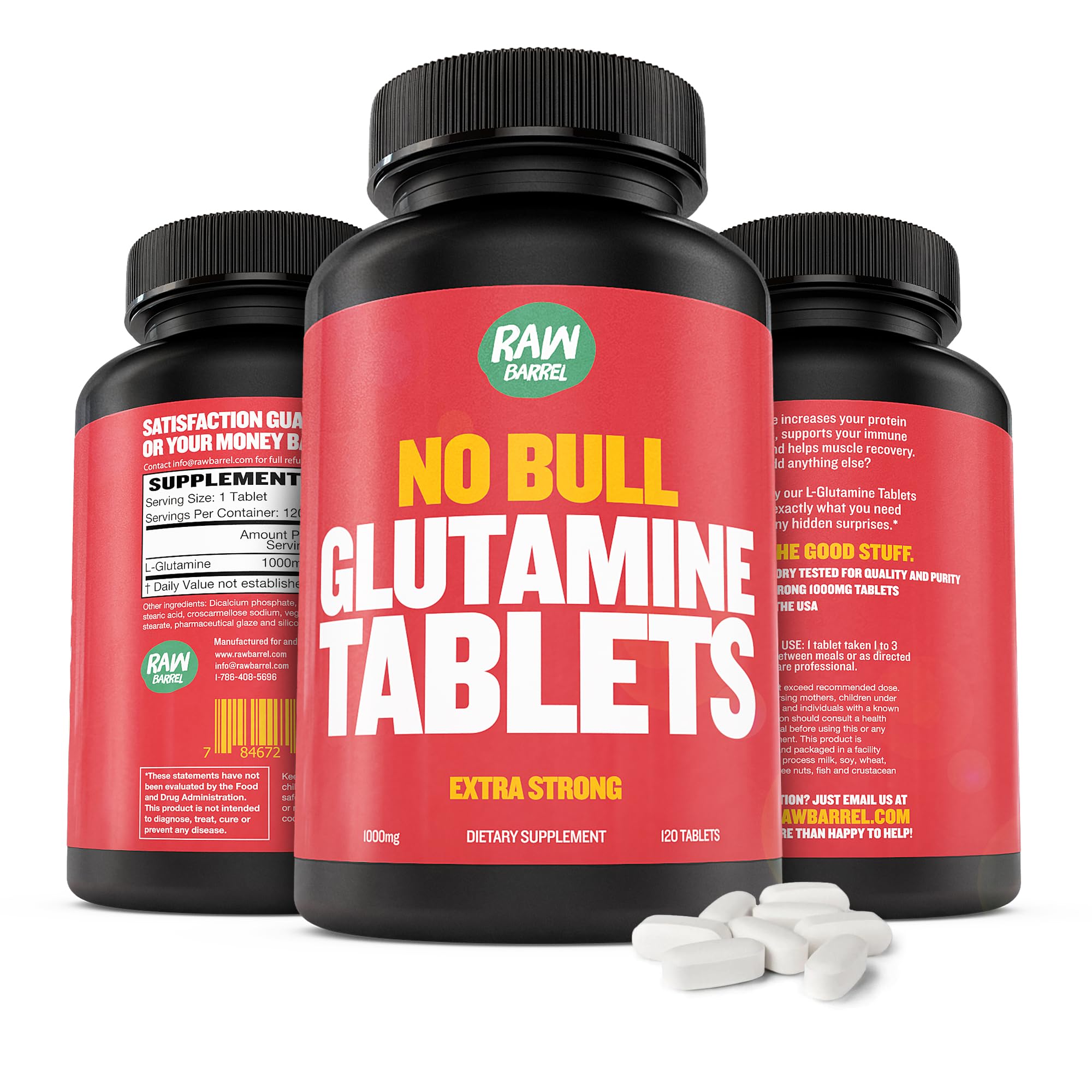 Stack of Raw Barrel No Bull L-Glutamine bottles