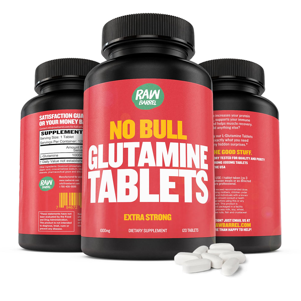 Stack of Raw Barrel No Bull L-Glutamine bottles