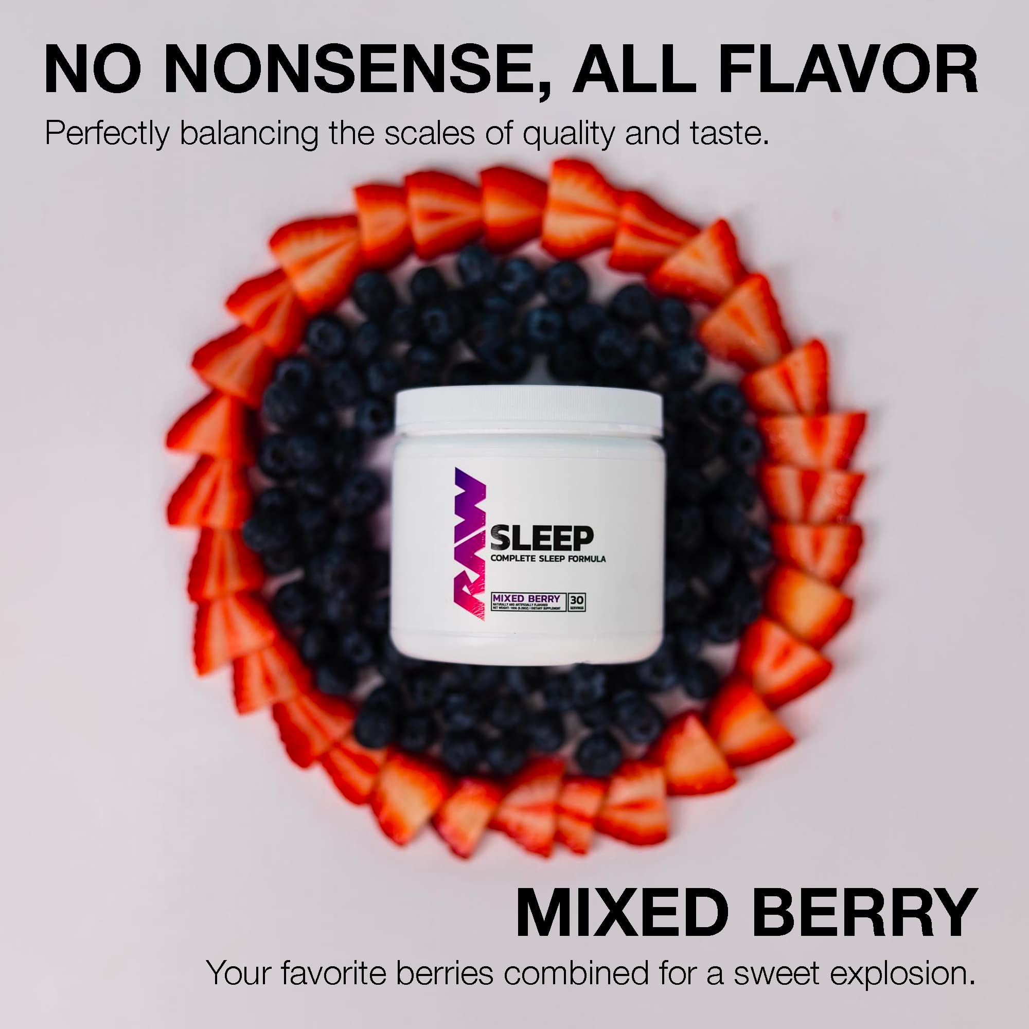 RAW Sleep Aid capsules with Mixed Berry flavor label