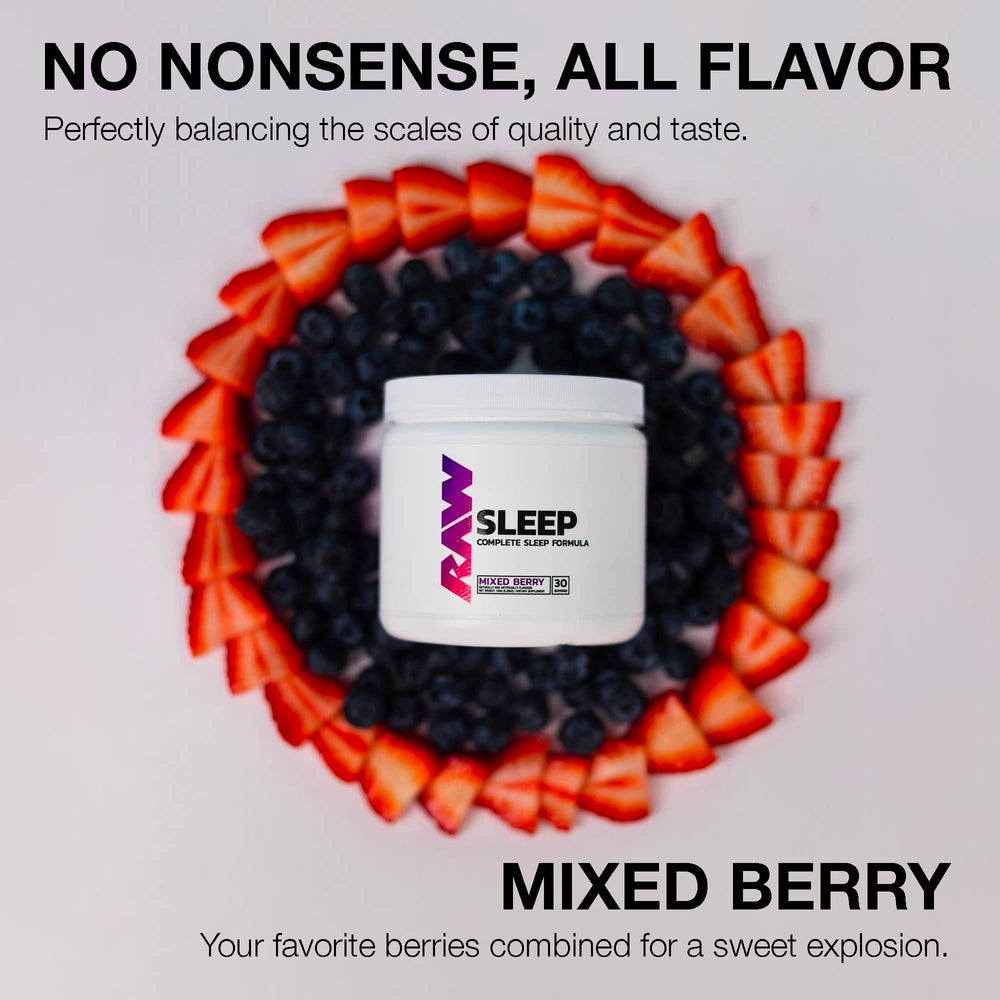 RAW Sleep Aid capsules with Mixed Berry flavor label