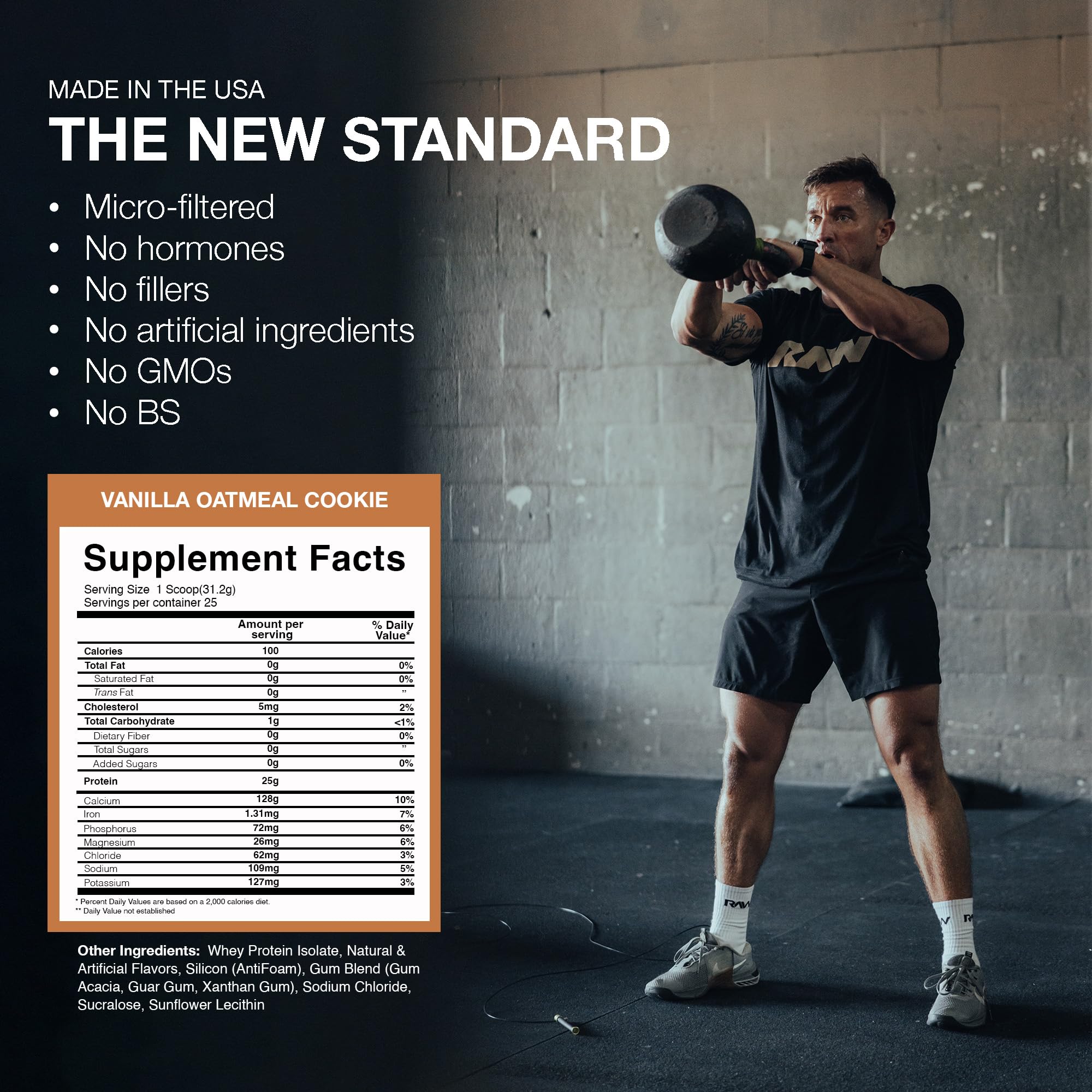 Nutrition facts panel for RAW Whey Isolate and Pre-Workout