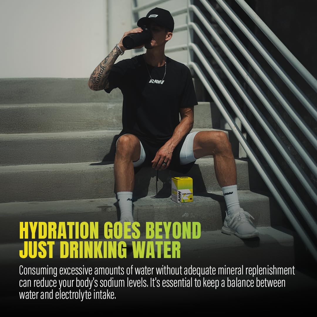 RAW Replenish Watermelon Mojito stick-pack spread highlights portable hydration benefits.