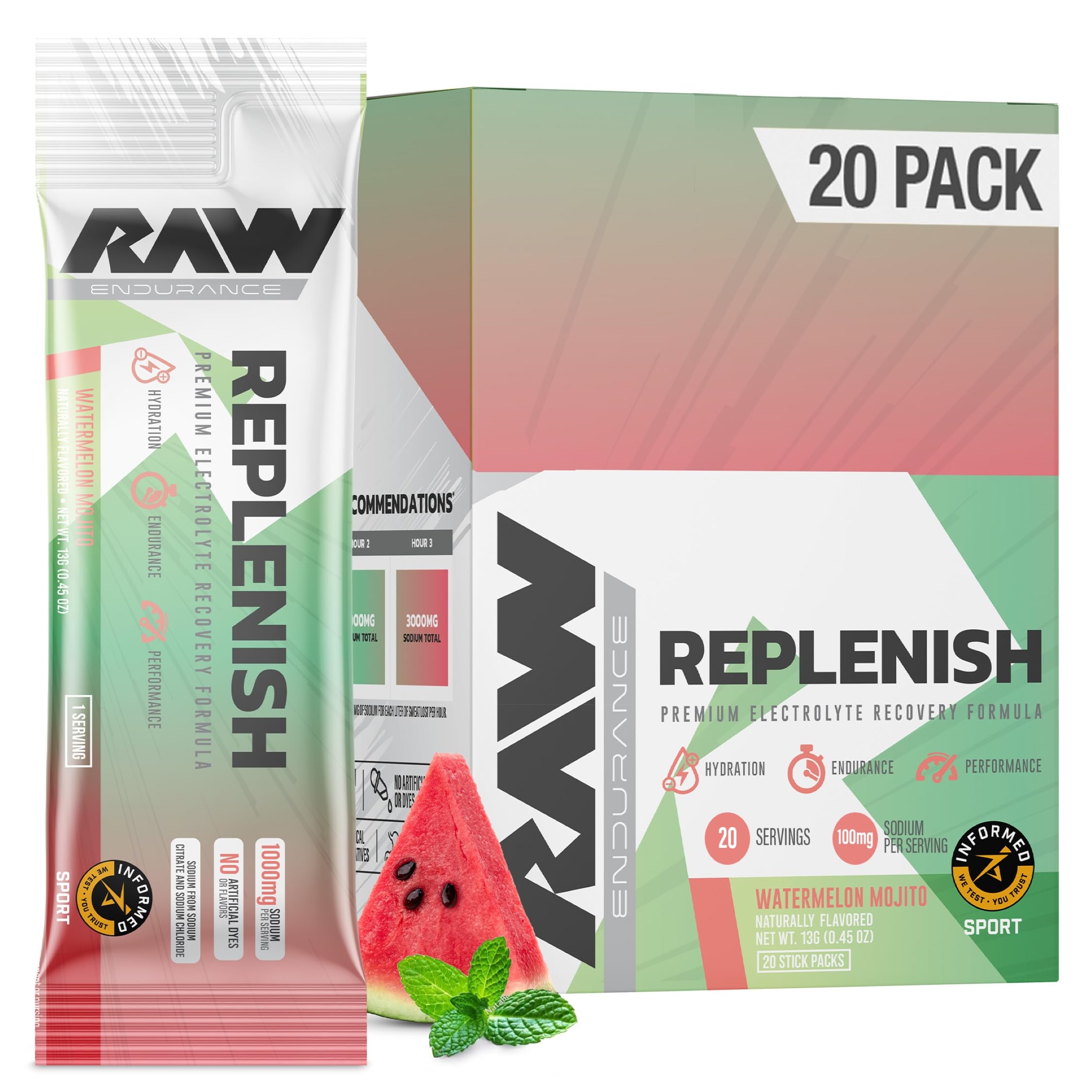 RAW Replenish Watermelon Mojito stick-pack for on-the-go hydration and electrolyte balance.