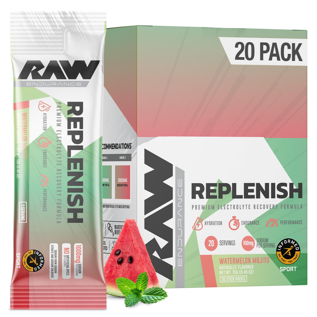 RAW Replenish Watermelon Mojito stick-pack for on-the-go hydration and electrolyte balance.