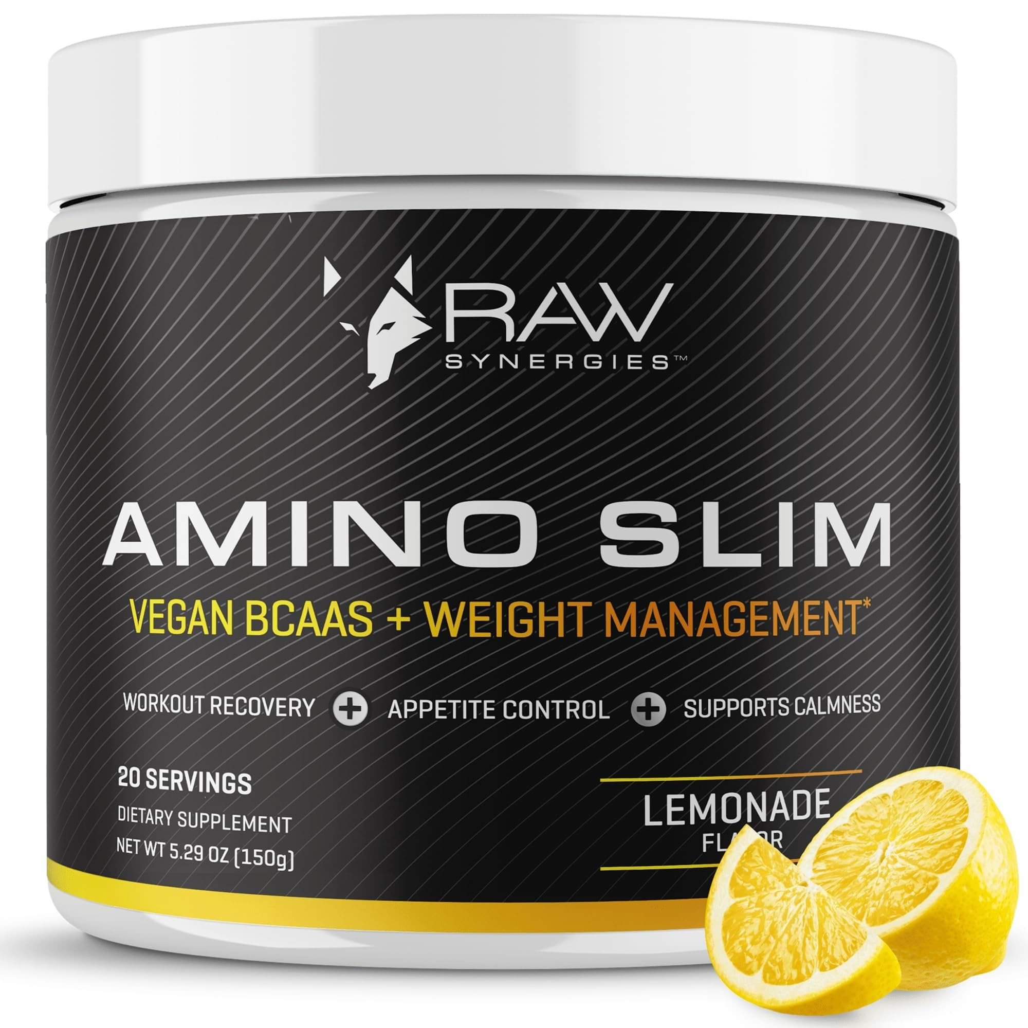 RAW Synergies Amino Slim bottle pour highlights non-jittery energy support during workouts.