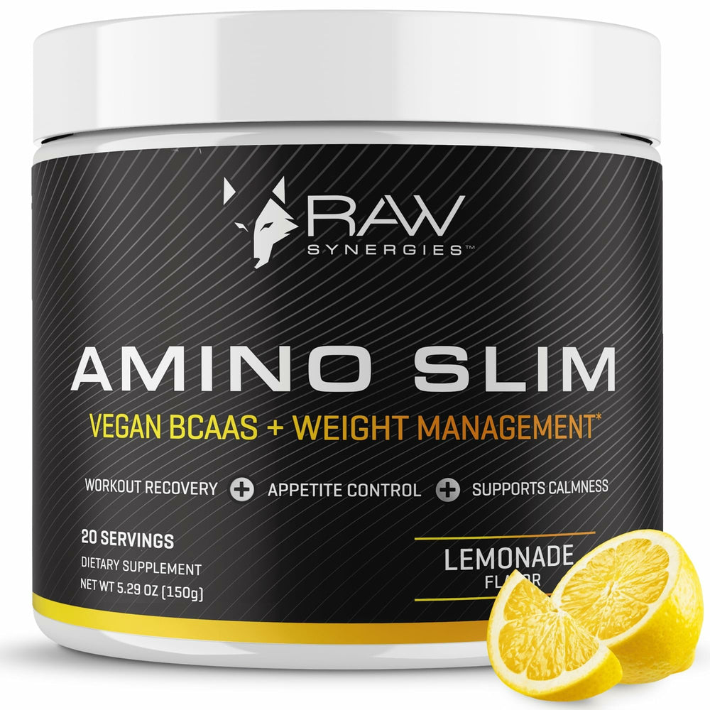 RAW Synergies Amino Slim bottle pour highlights non-jittery energy support during workouts.