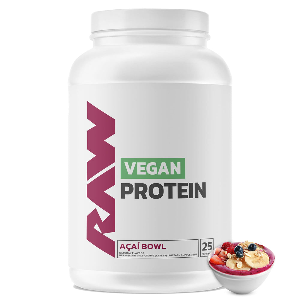 RAW Vegan Protein Acai Bowl tub shows 25 servings for steady plant-based fueling