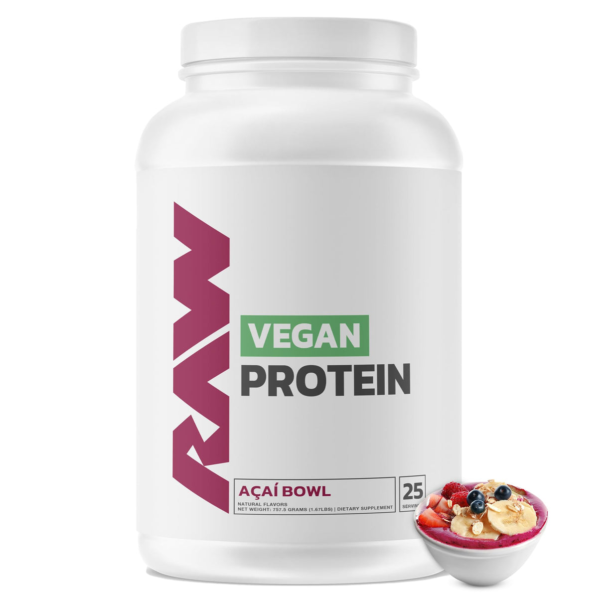 RAW Vegan Protein Acai Bowl tub shows 25 servings for steady plant-based fueling