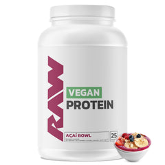 RAW Vegan Protein Acai Bowl tub shows 25 servings for steady plant-based fueling