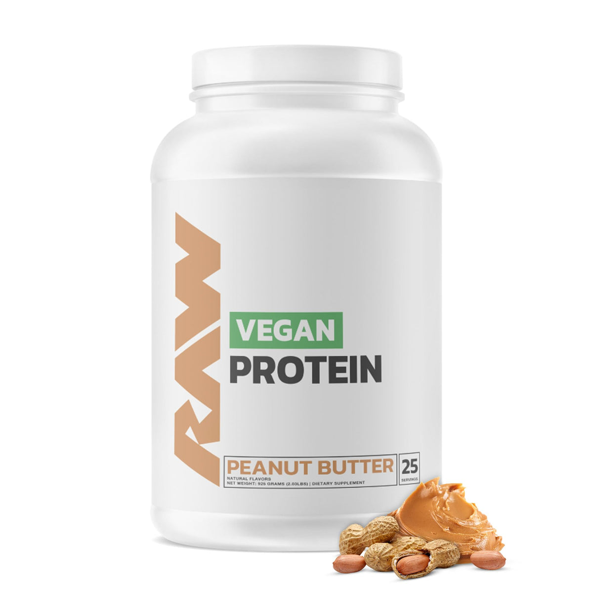 RAW Vegan Protein Powder peanut butter scoop showing 20g protein per serving
