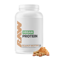 RAW Vegan Protein Powder peanut butter scoop showing 20g protein per serving