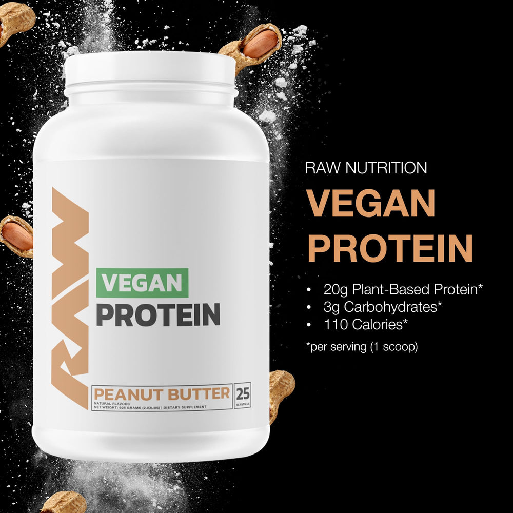 RAW Vegan Protein Powder peanut butter tub labeled with vitamins and low fat and carbs