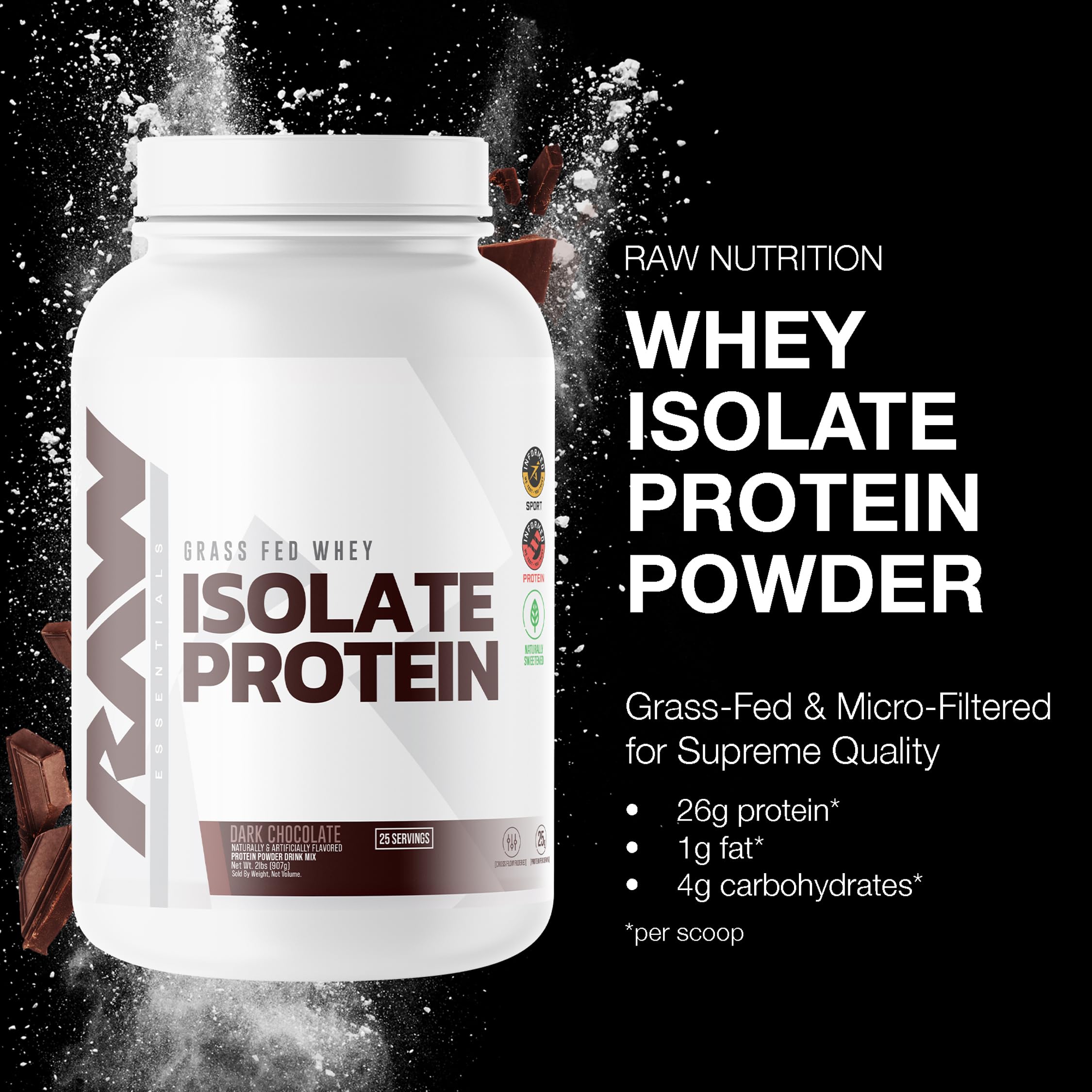 Close-up of dark chocolate flavored whey protein powder in a scoop