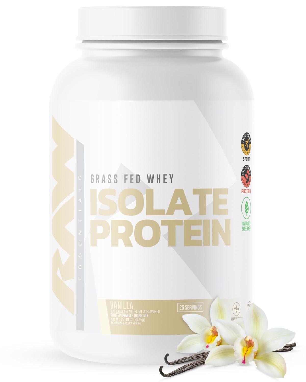 Container of RAW Whey Isolate Vanilla (CBUM Itholate) protein powder