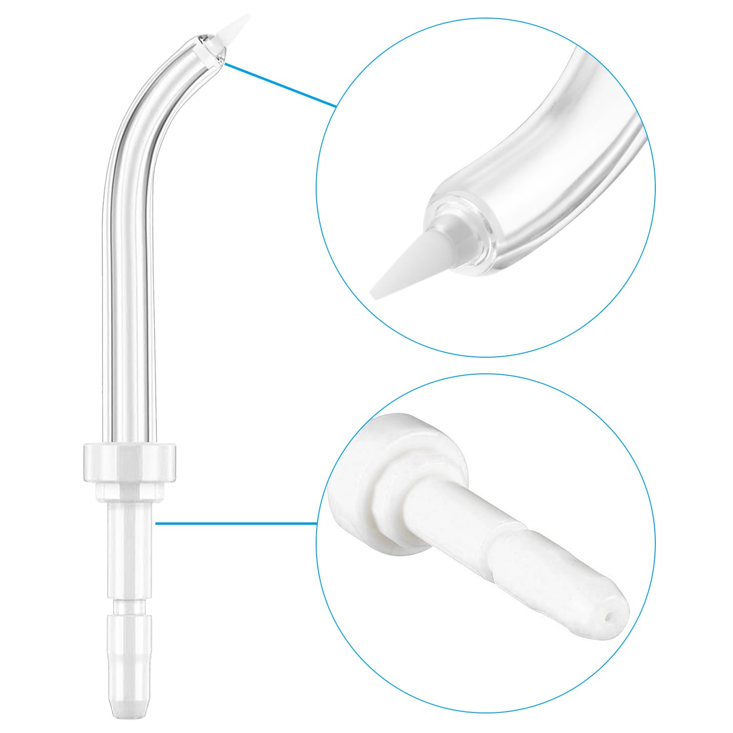 Color-coded flosser tips for family use (blue, white, yellow)