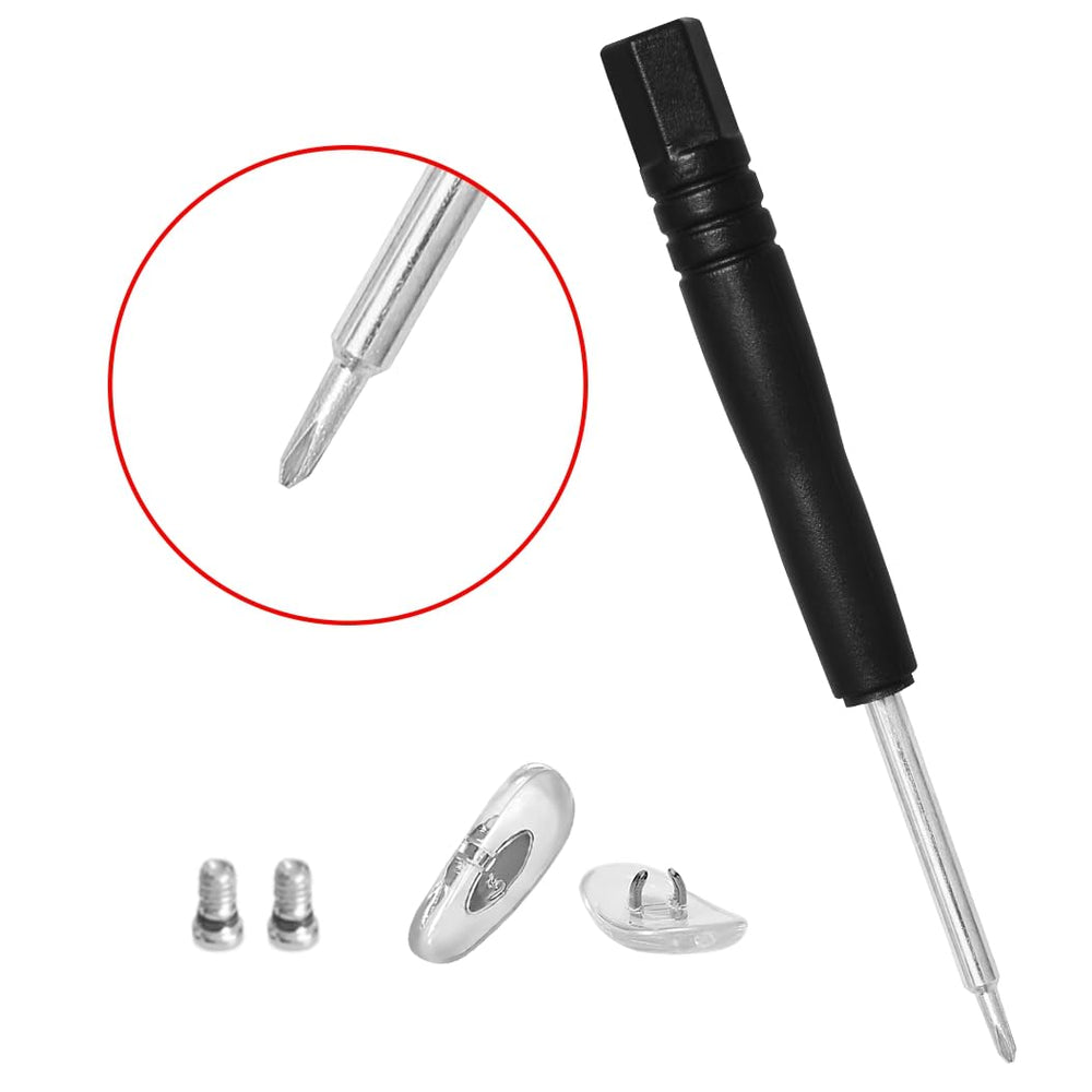 Sunglasses repair kit contents: temple arms, nose pads, screws, screwdriver