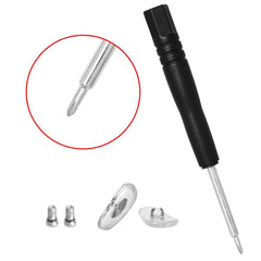 Sunglasses repair kit contents: temple arms, nose pads, screws, screwdriver
