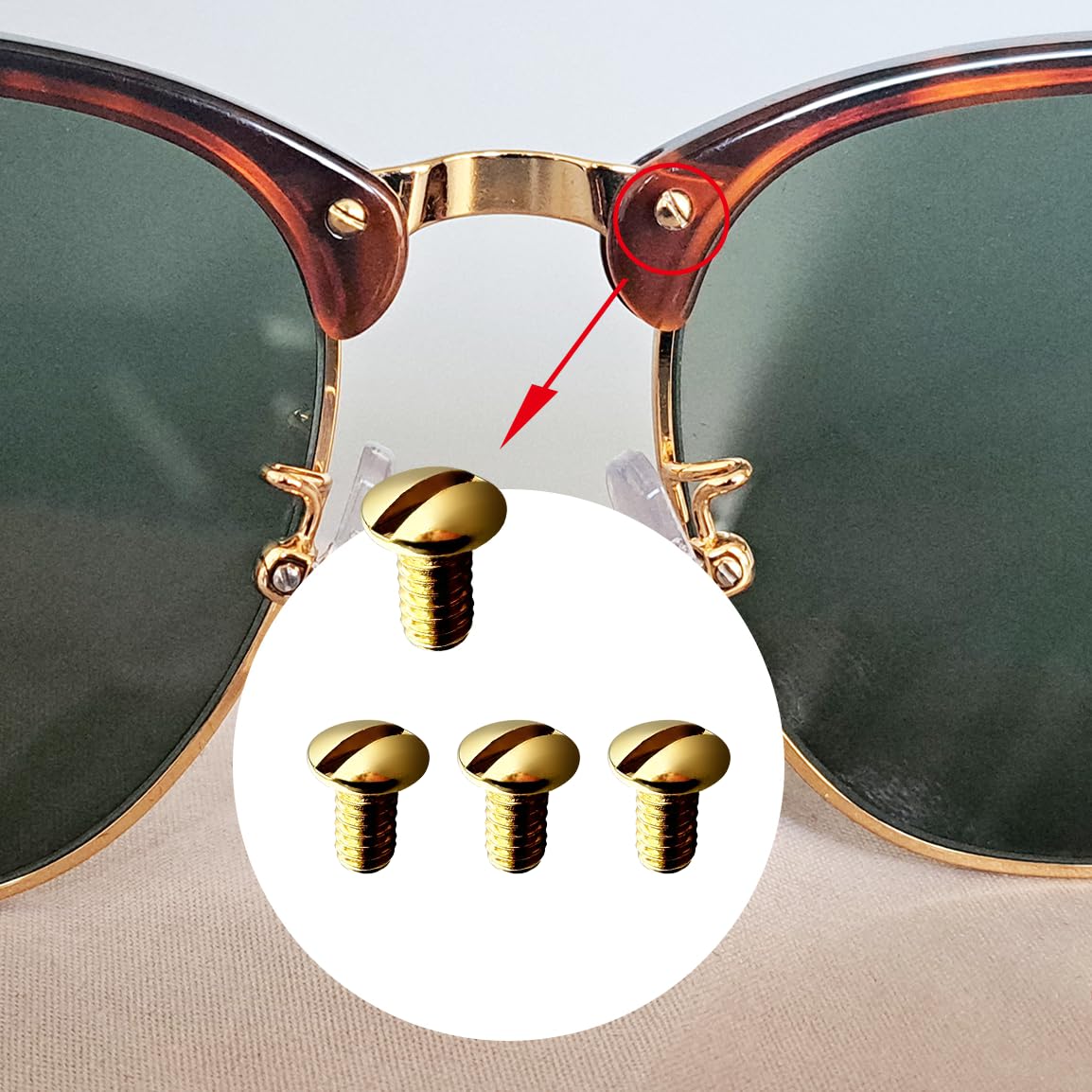 Screwdriver and four golden replacement screws for Ray Ban glasses