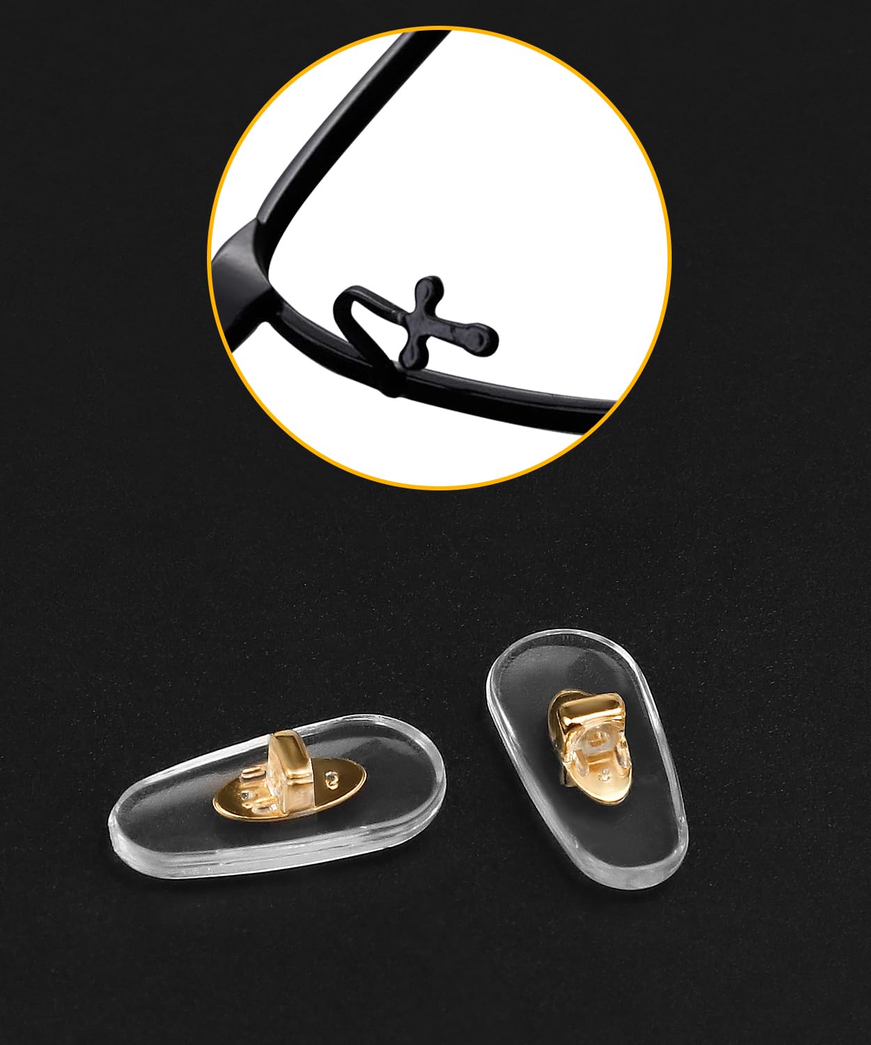 Nose pad package includes 6 gold plug-in nose pads for easy replacement.