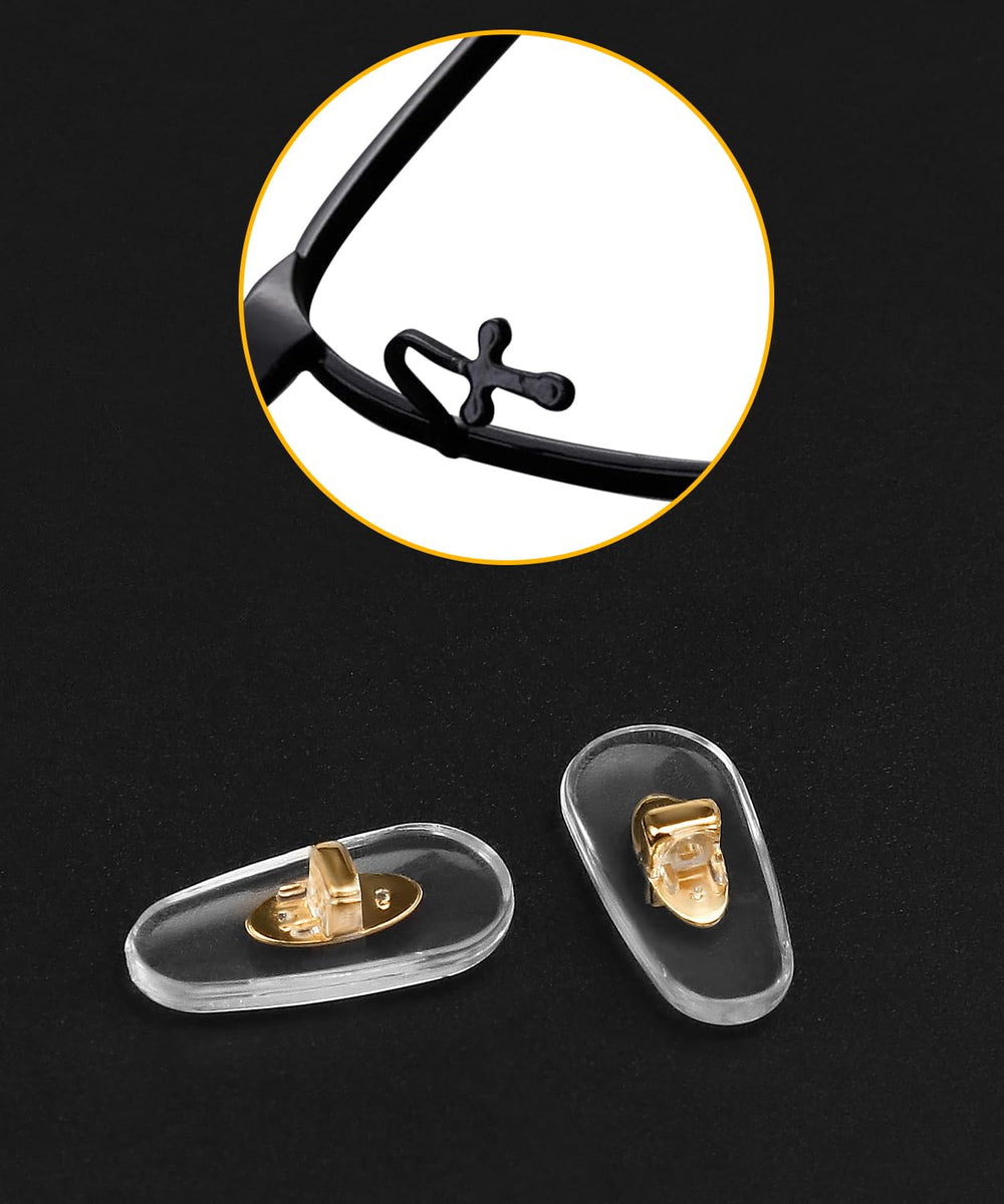 Nose pad package includes 6 gold plug-in nose pads for easy replacement.