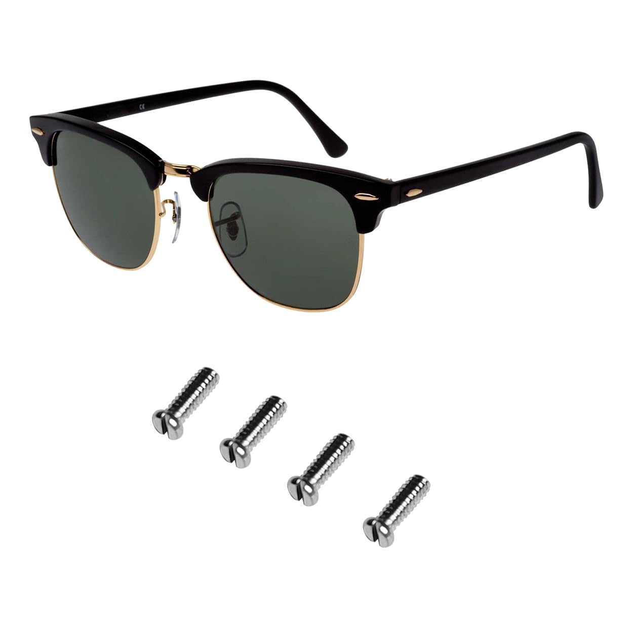 Close-up of silver replacement screws for Ray-Ban sunglasses