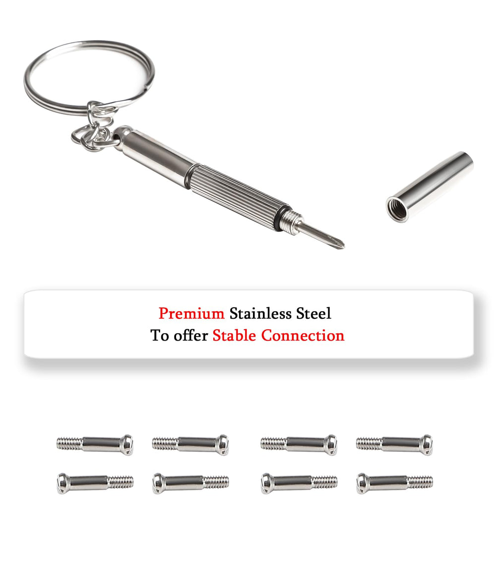 Close-up of silver replacement screws for Ray-Ban frames with stainless steel finish