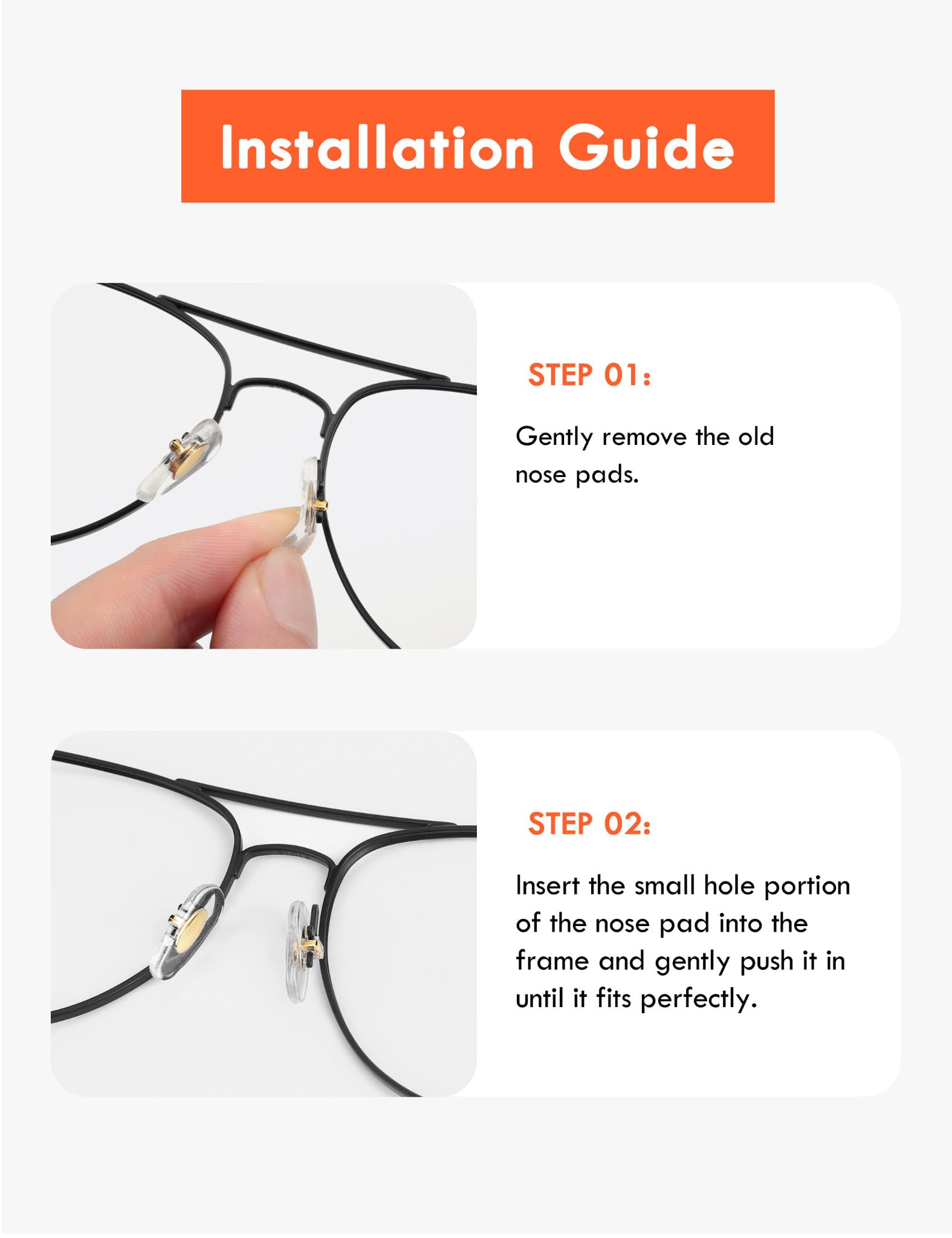 Includes 20 pairs of nose pads; frames and lenses not included