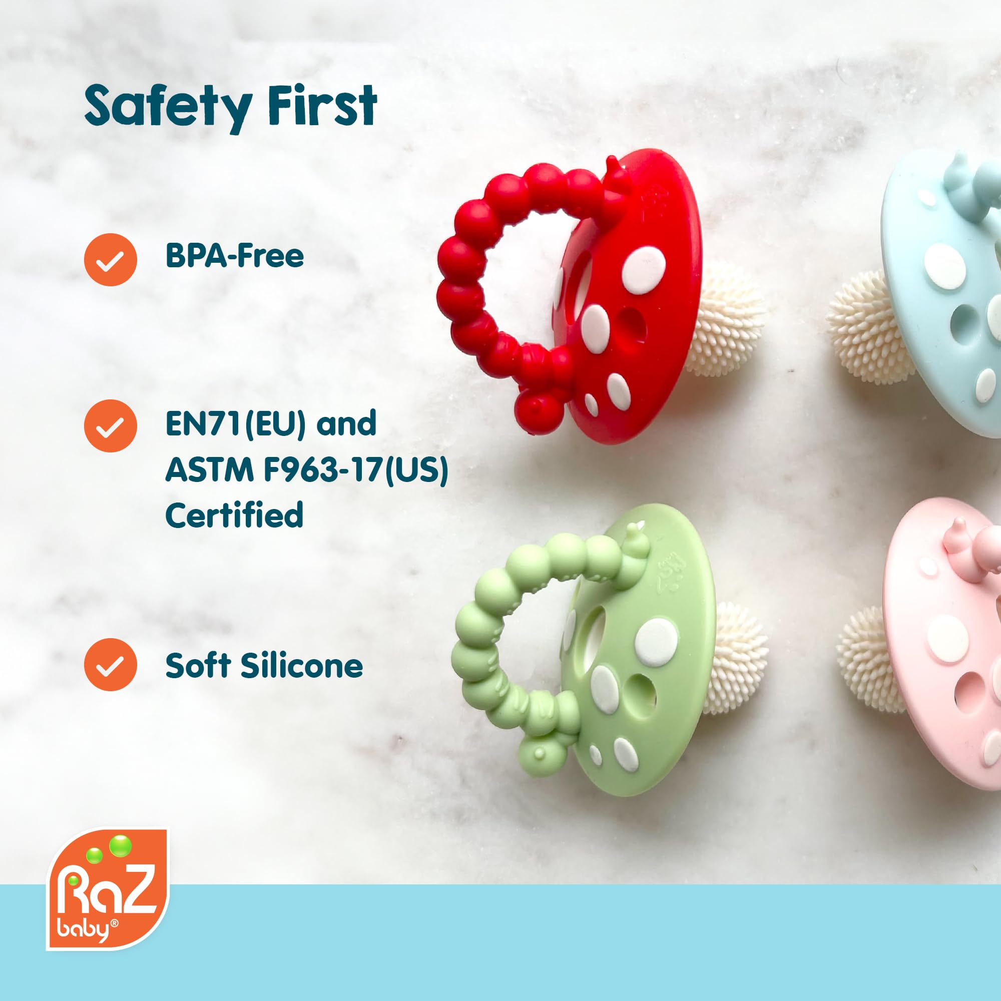 Chompy and RaZberry teether with ergonomic handle
