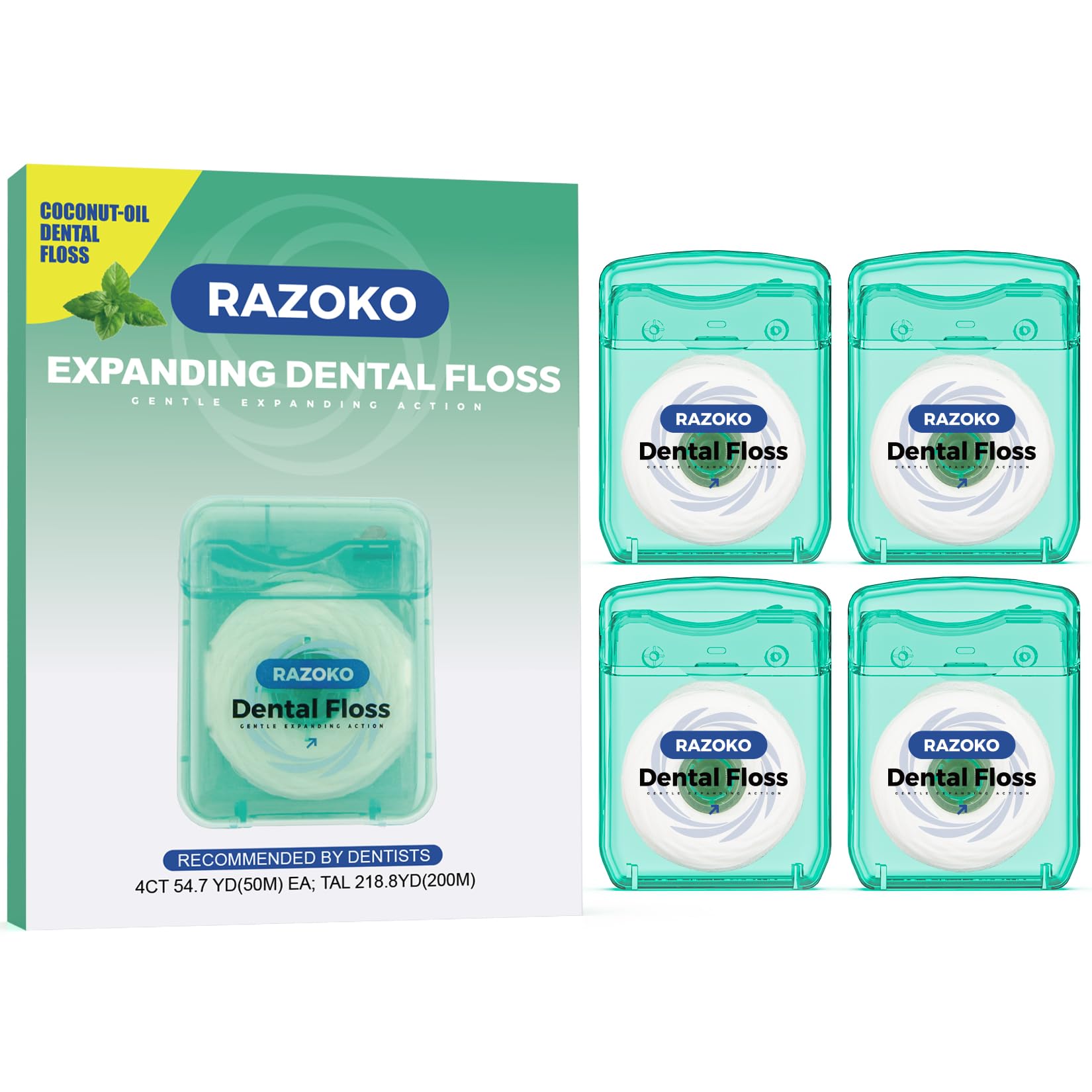 RAZOKO coconut oil expanding dental floss mint 55 yards 4-pack box art 1