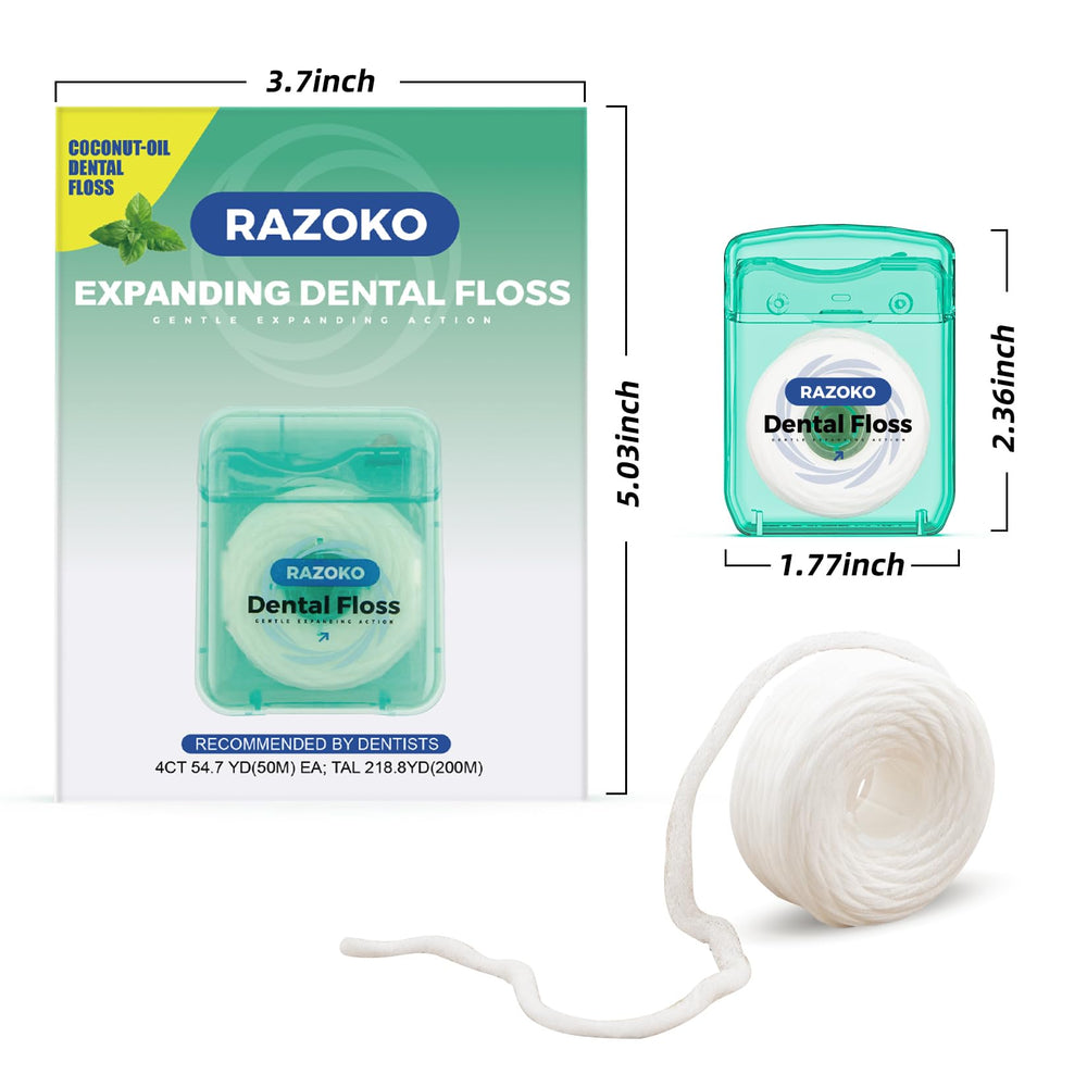 RAZOKO coconut oil expanding dental floss mint 55 yards 4-pack box art 2